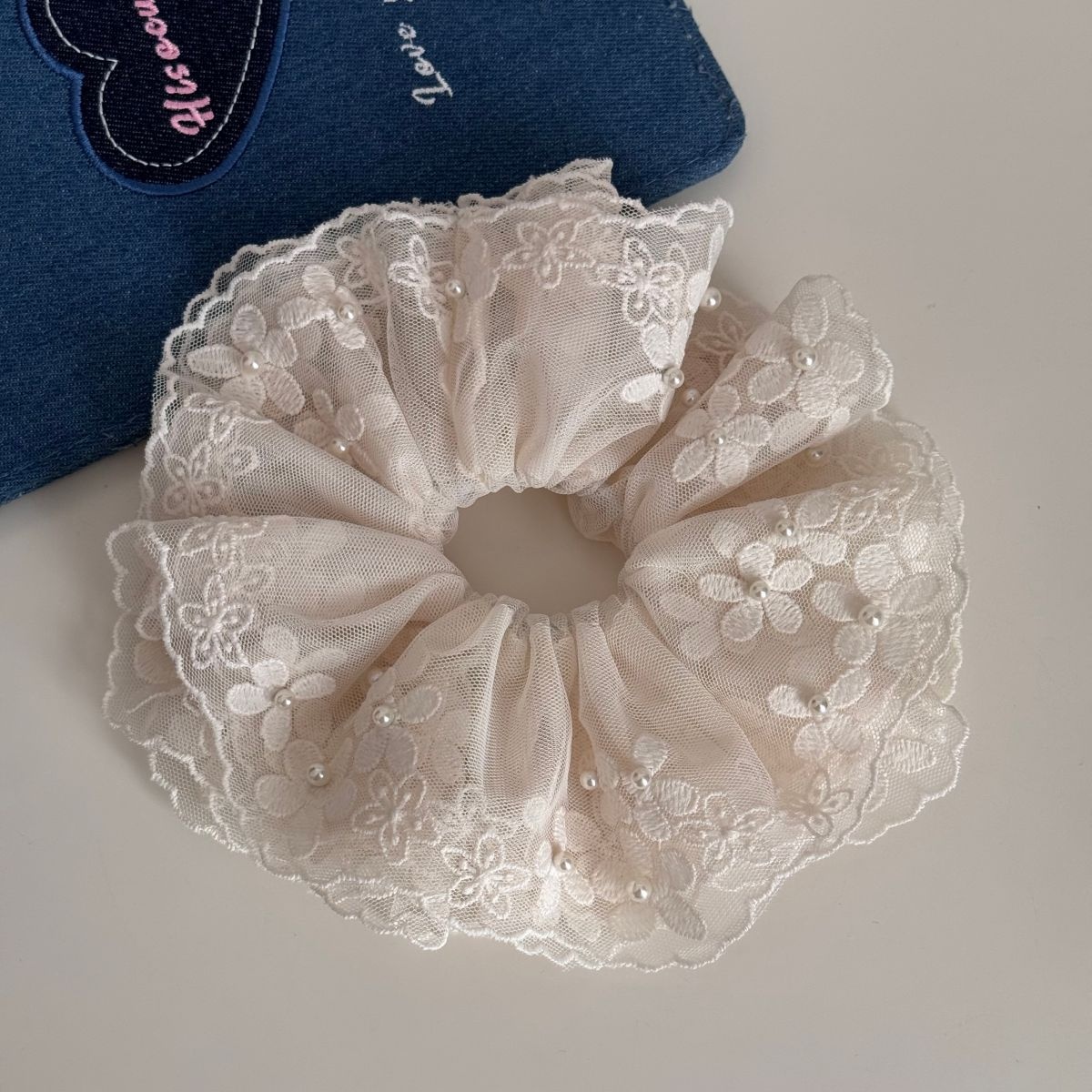 Women's Sweet Spring Soft Cloth Hair Tie Beige Floral Pearl Lace