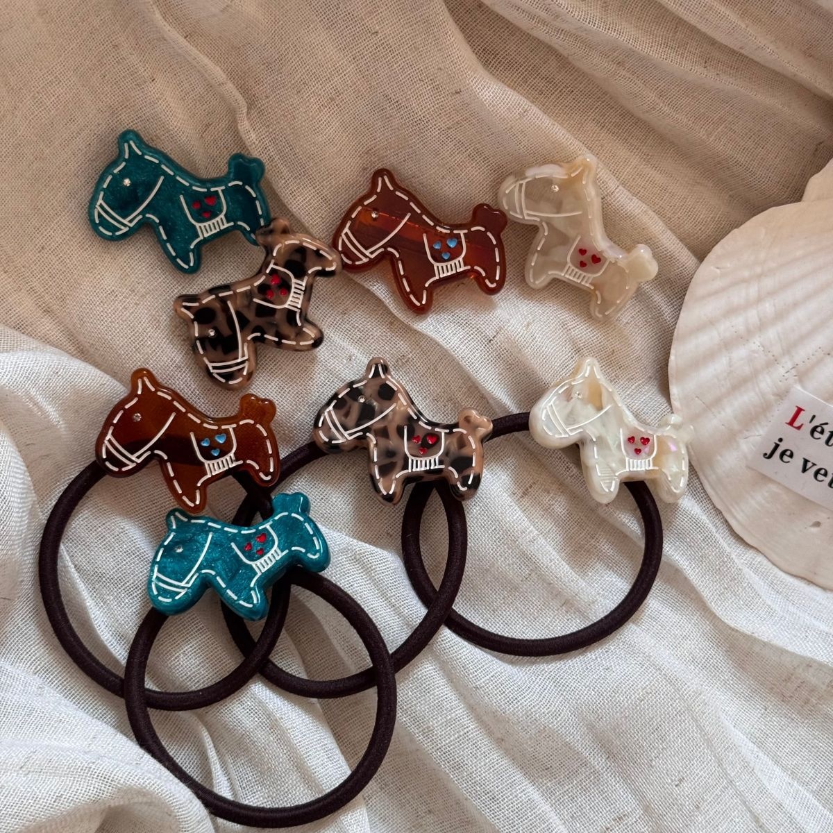 Ladies High Elastic Acetate Hair Tie Navy Coffee Floral Dog Pattern