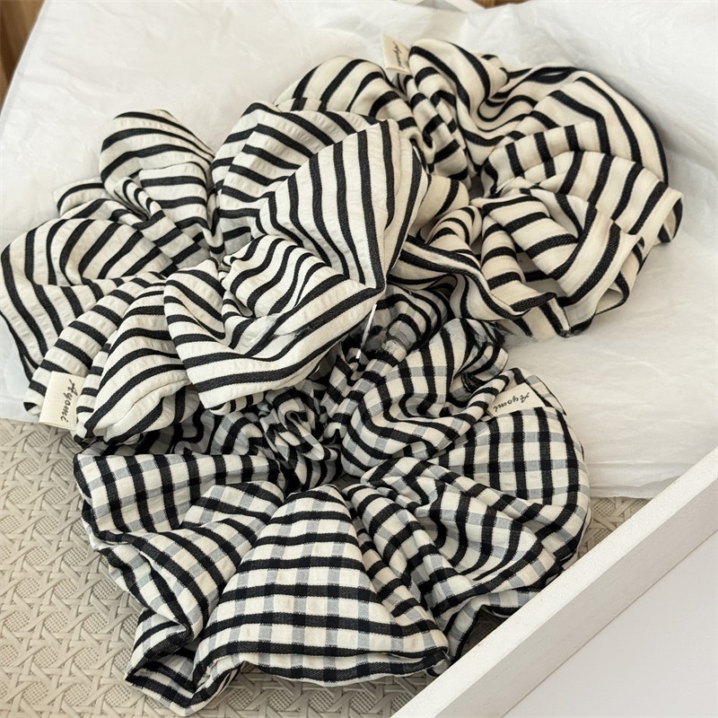 Women's All Season Cloth Scrunchie Hair Tie Black White Plaid Stripe