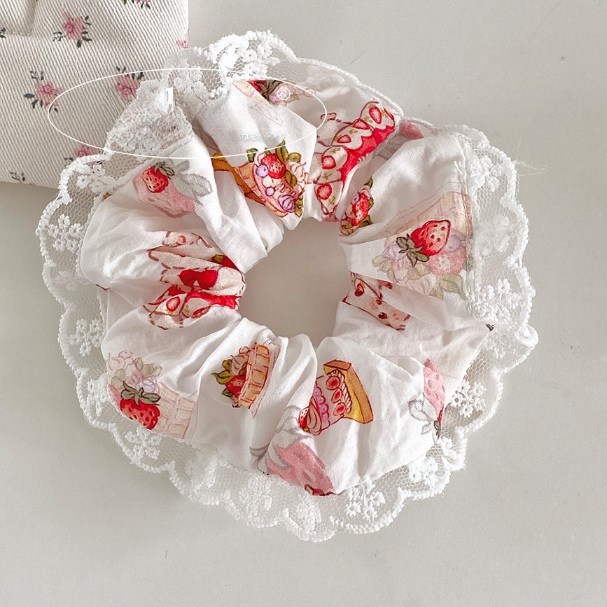 Women's Soft Cloth Lace Hair Tie with Sweet Strawberry Floral Pattern