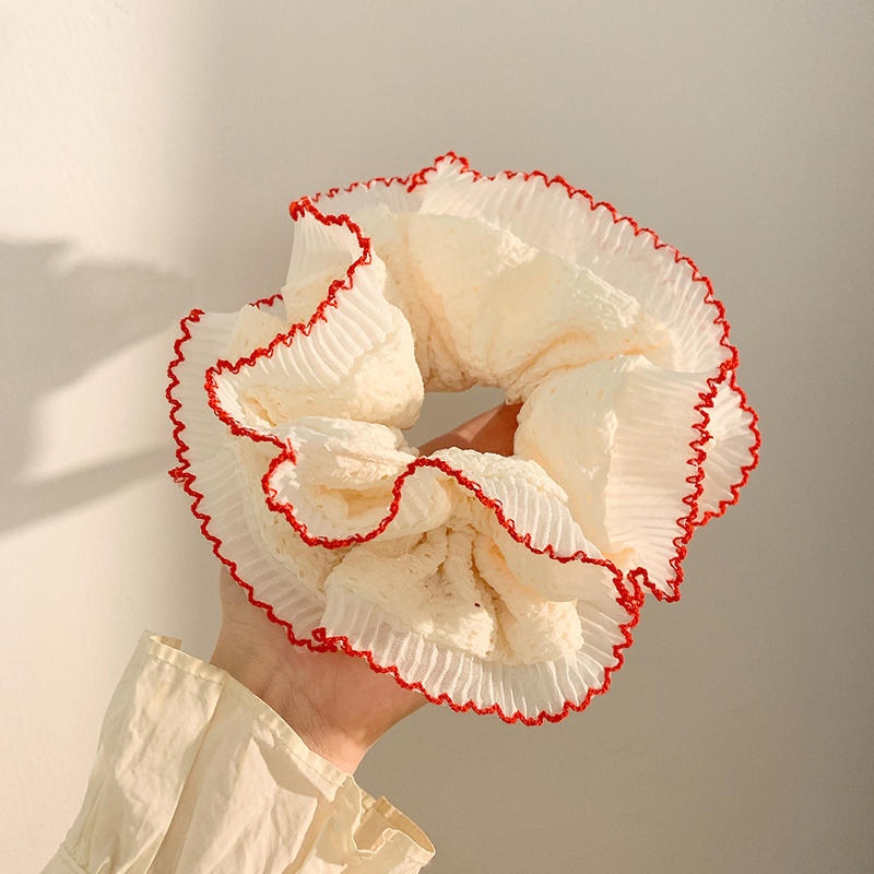 Women's Large Mori Style Scrunchie Beige Polka Dot Cloth Hair Tie