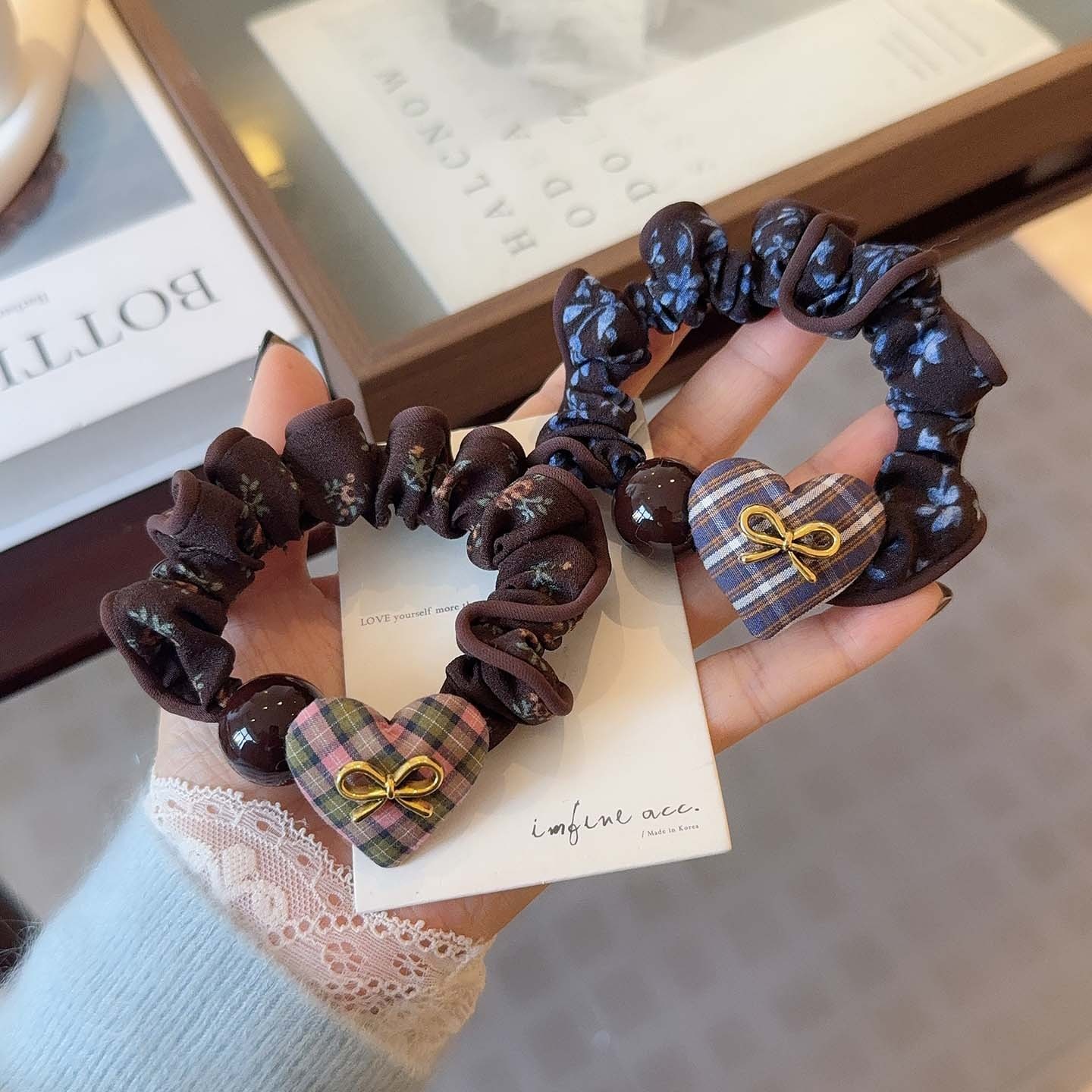 Women's Stylish Cloth Hair Tie Sweet Heart Floral Plaid Bow Knot