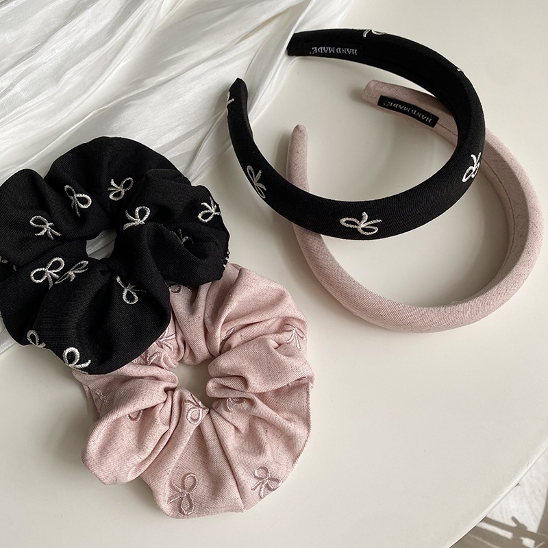 Women's Elegant Cloth Outdoor Hair Tie Pink Black Butterfly Bowtie