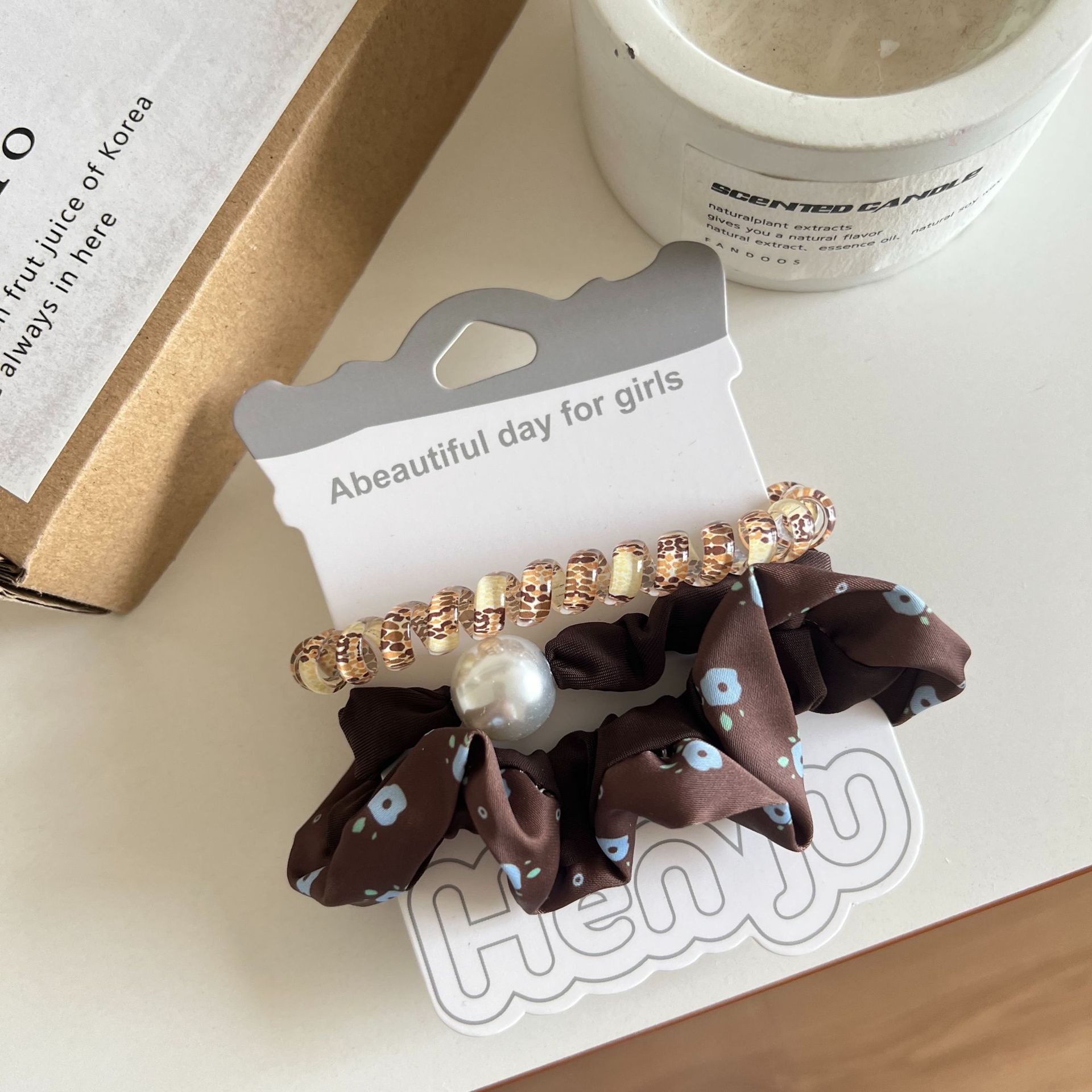 Women's Fabric Ponytail Hair Ties Vintage Leopard Print Pearl Ruffles