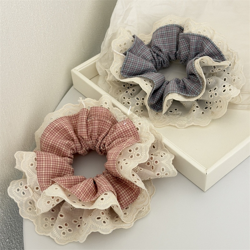 Women's Summer Cloth Hair Scrunchies Pink Plaid Lace Patchwork