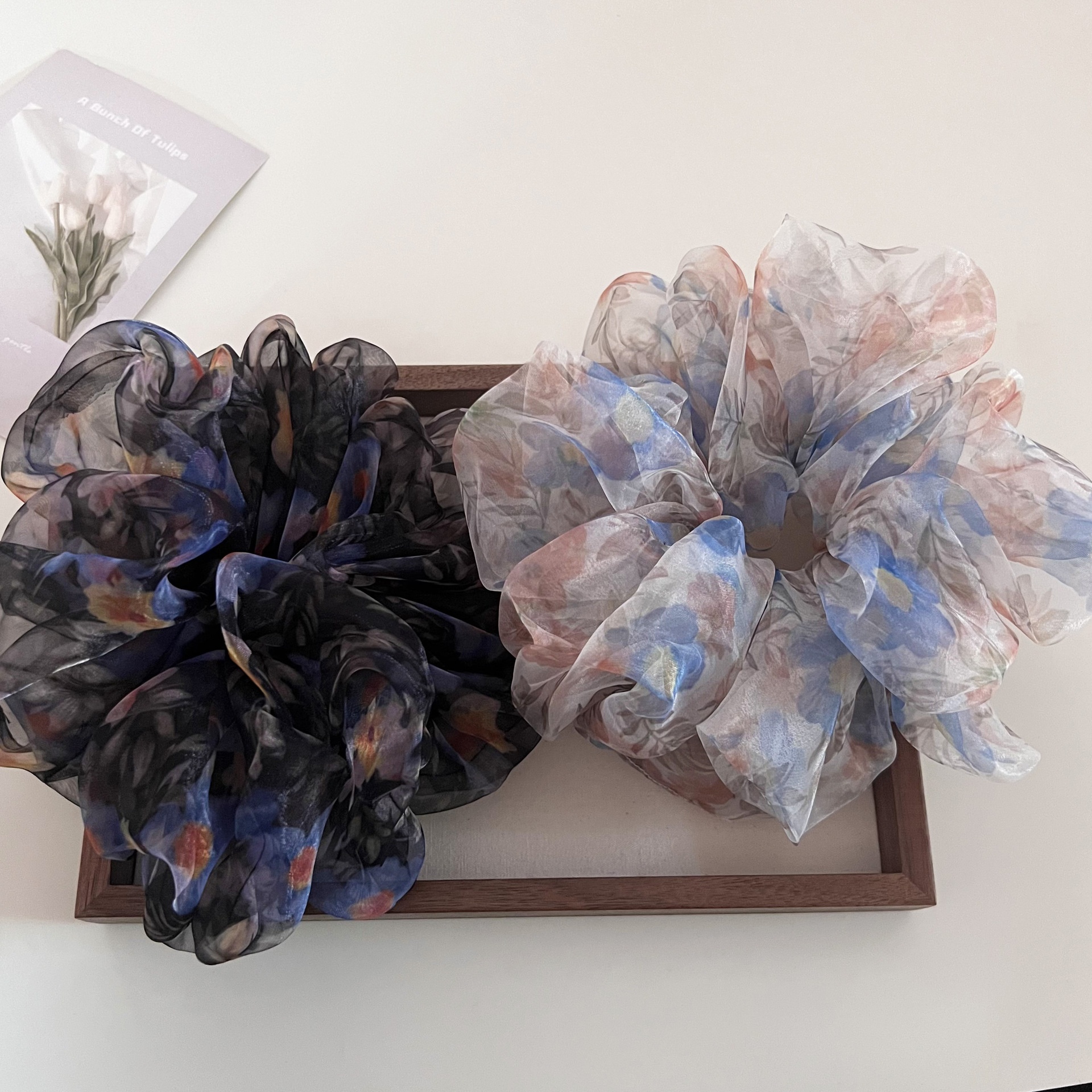 Women's Vintage Organza Bun Hair Tie Ditsy Floral Pink Peach Green