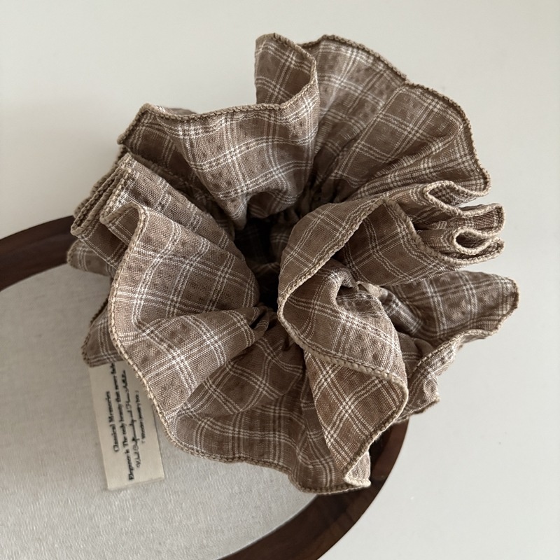 Women's Large 4-Layer Fabric Hair Tie For Daily Wear Plaid Khaki Beige Black