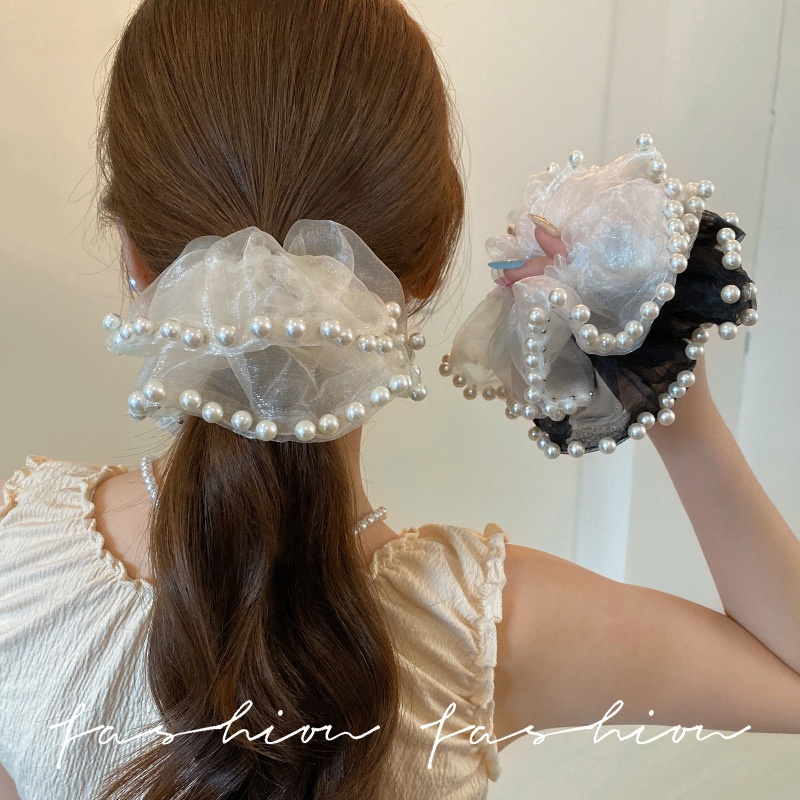 Women's Extra Large Mesh Pearl Scrunchie Bun Styling Hair Tie