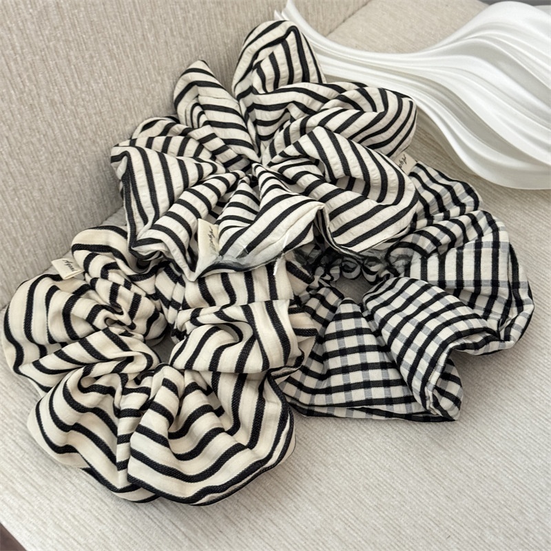 Women's All Season Cloth Scrunchie Hair Tie Black White Plaid Stripe