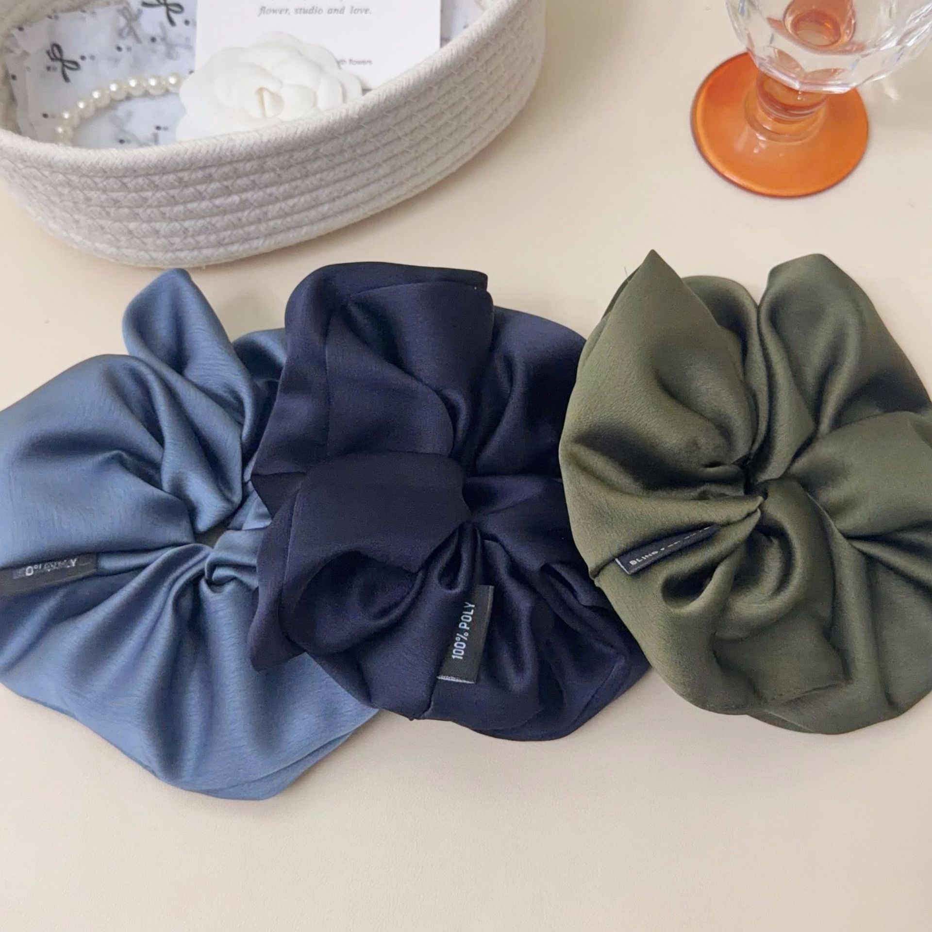 Women's Elegant Satin Hair Scrunchie For Daily Wear Solid Dark Blue