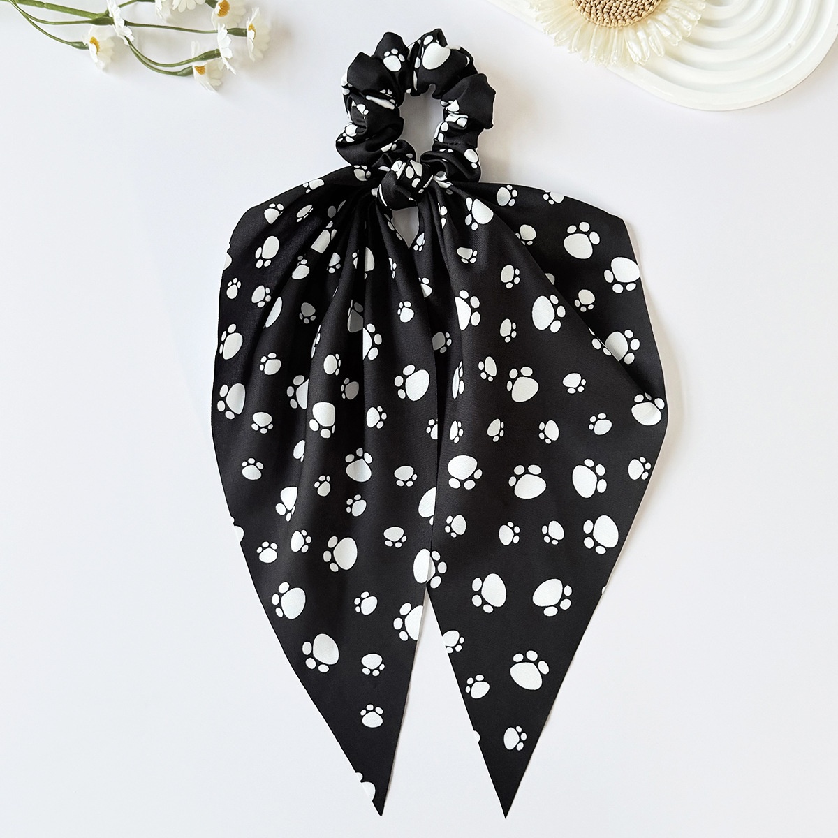 Women's Spring Cloth Hair Tie Accessory Cute Black Paw Print Bow Knot