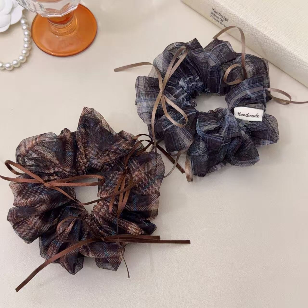 Women's Preppy Organza Bowknot Scrunchie Coffee Plaid Hair Tie