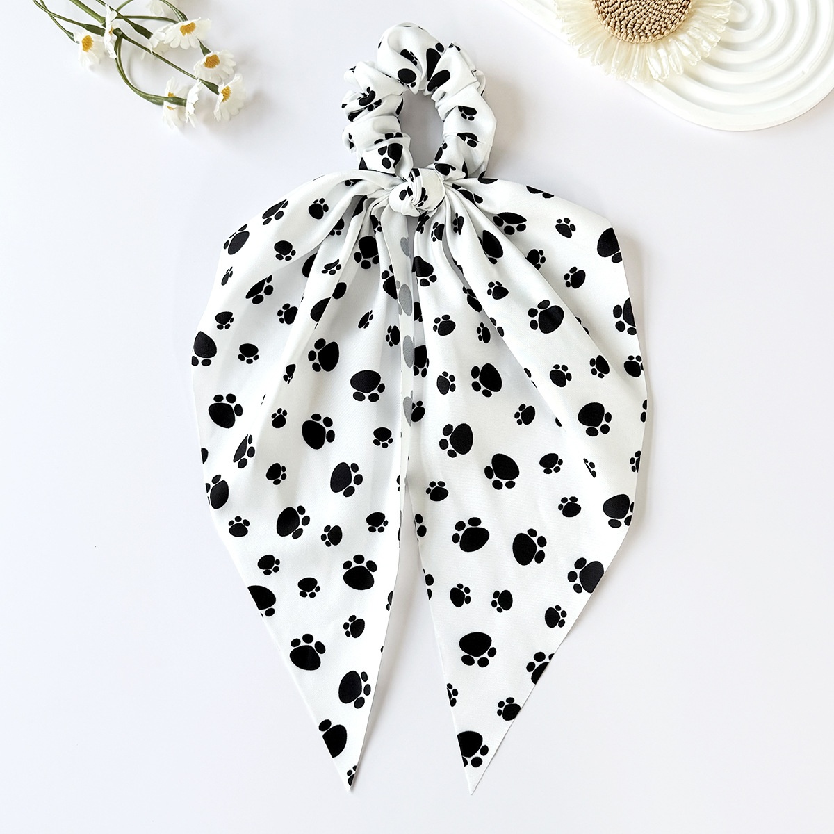 Women's Spring Cloth Hair Tie Accessory Cute Black Paw Print Bow Knot