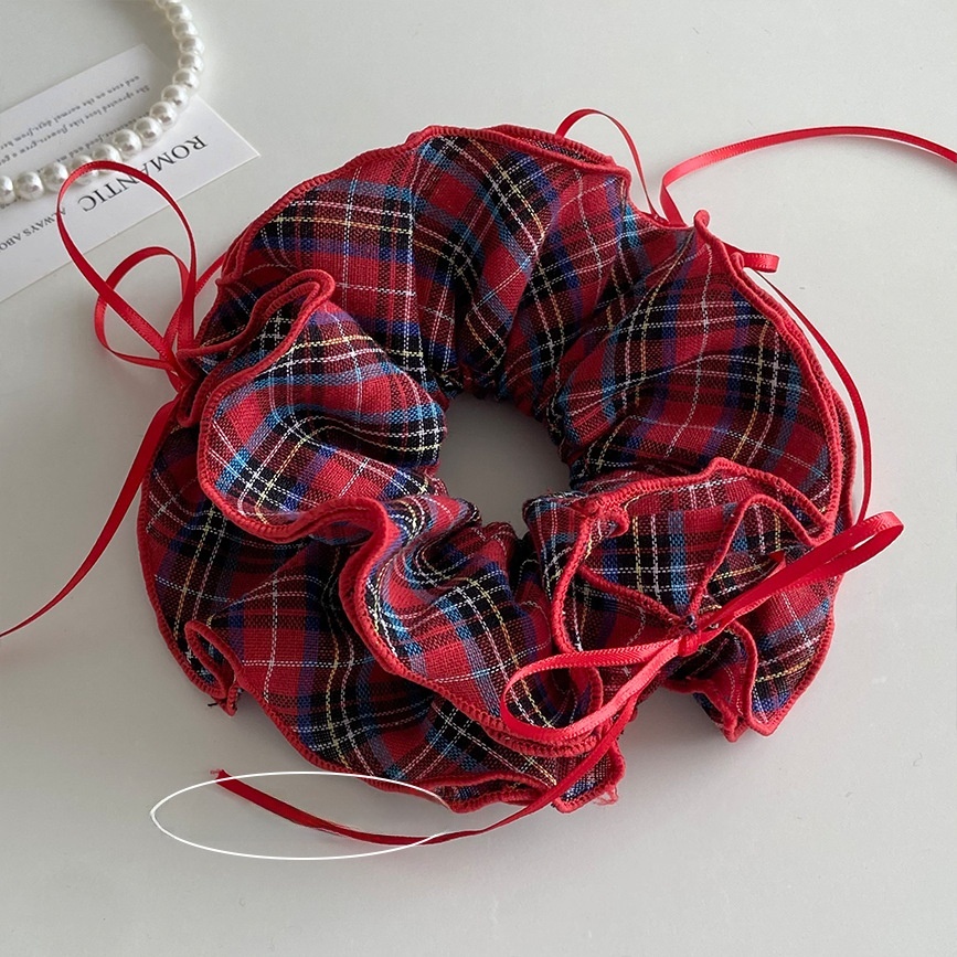 Women's Preppy Cloth Bowknot Scrunchie Hair Tie Vintage Red White Plaid