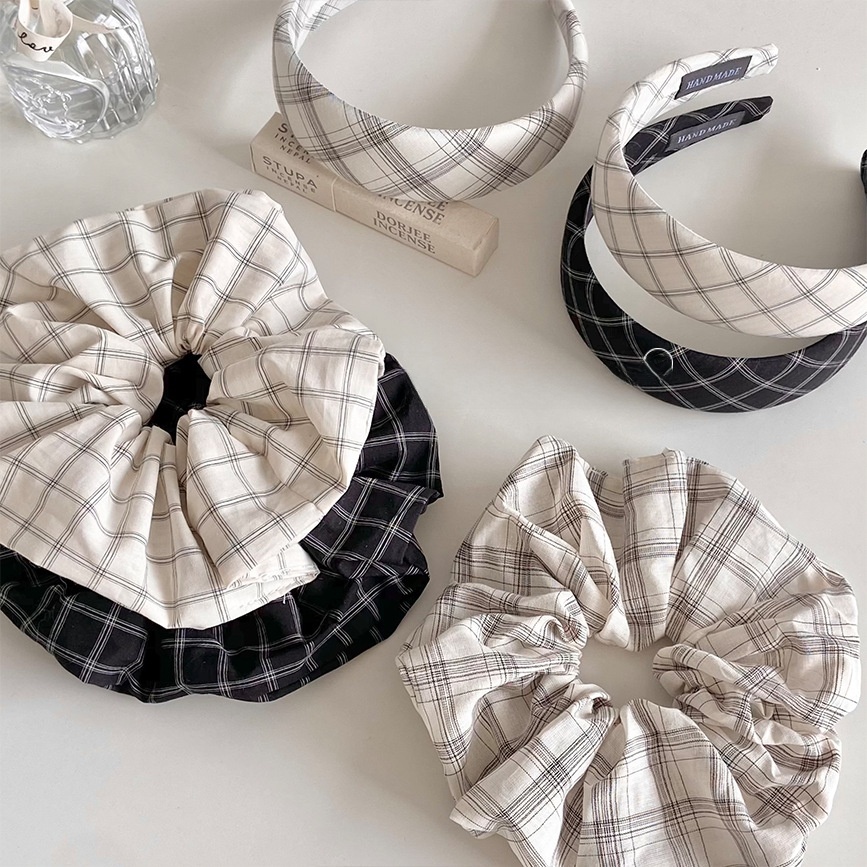 Women's Spring Casual Cloth Hair Band Tie Black And White Plaid