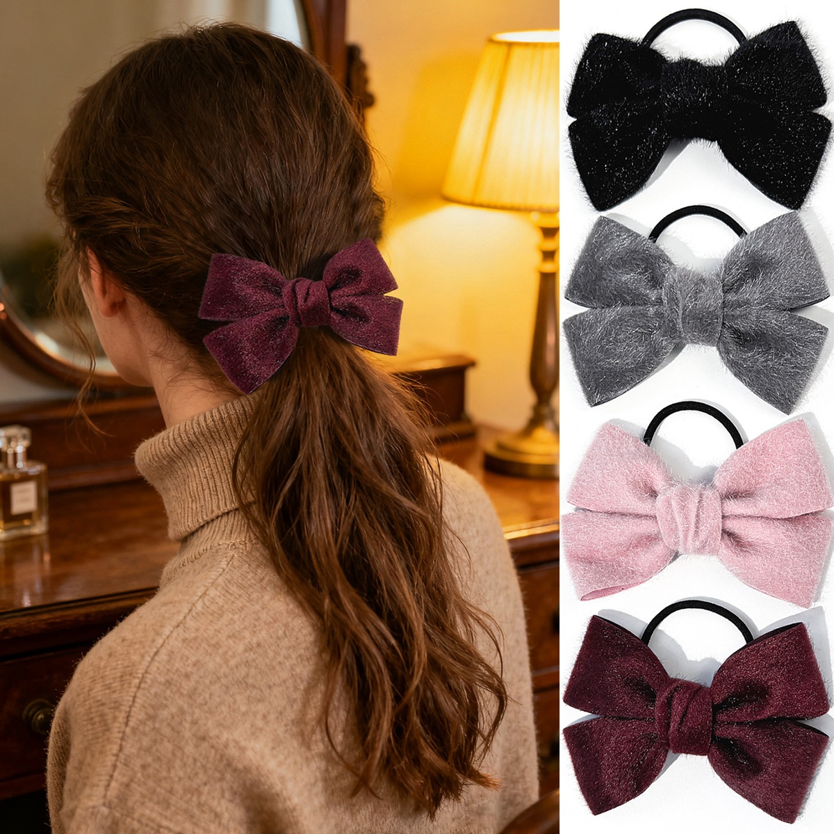 Women's Autumn Winter Plush Velvet Hair Tie Vintage Bow Knot