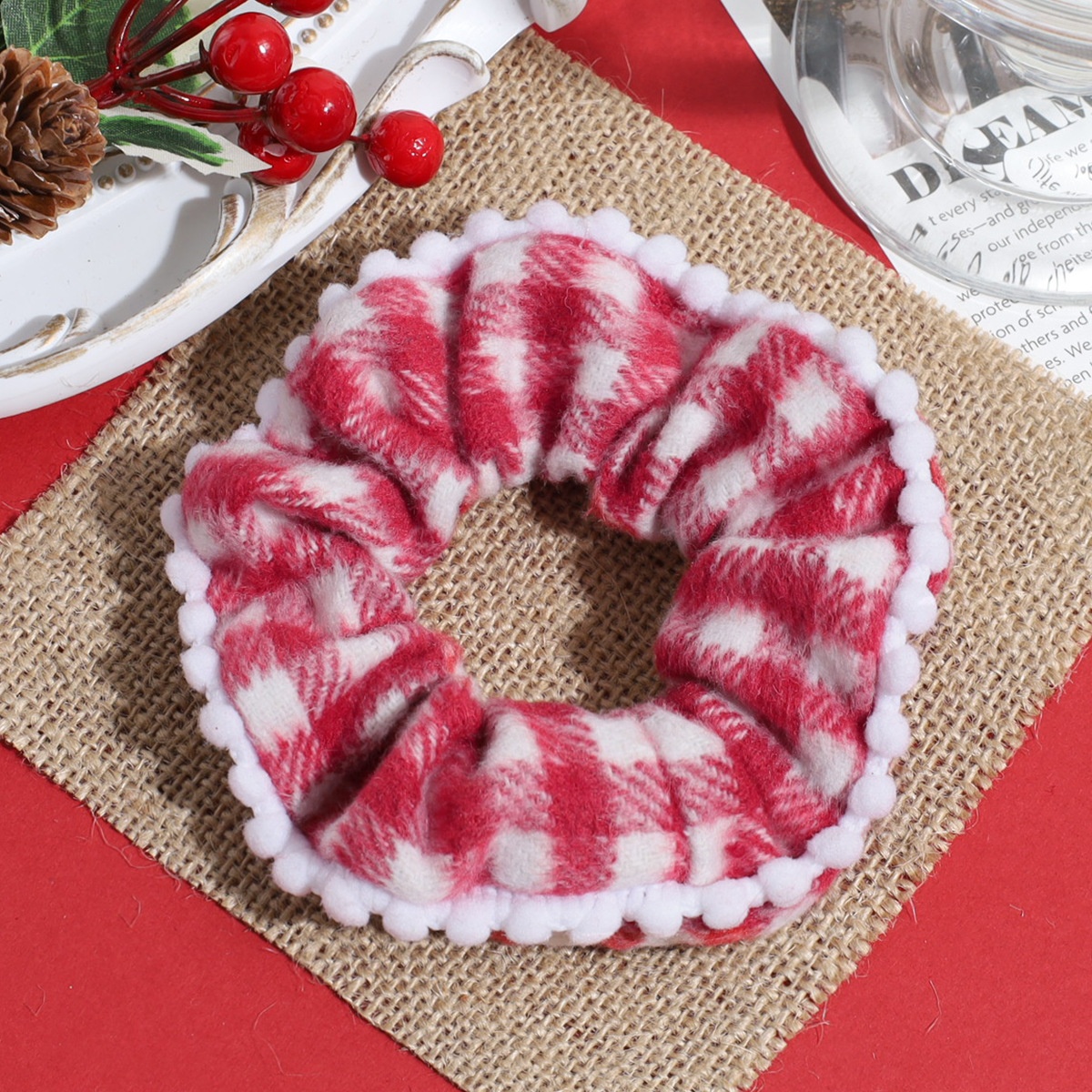Women's Autumn Winter Fluffy Knit Hair Scrunchie Classic Red Plaid