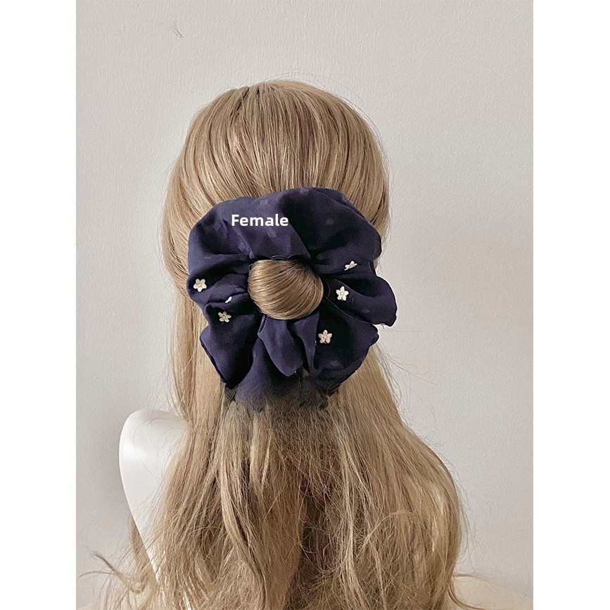 Women's Spring Tulle Hair Tie Navy Blue Ditsy Floral Embroidery