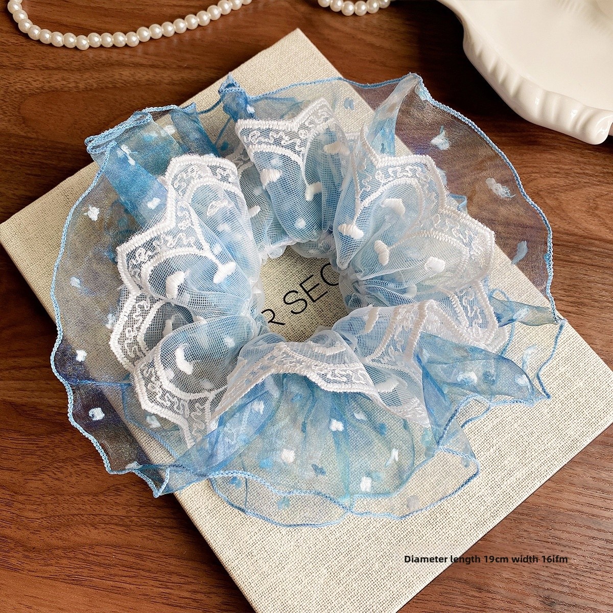 Women's Boho Summer Mesh Lace Bow Elastic Hair Tie Blue Heart Pattern