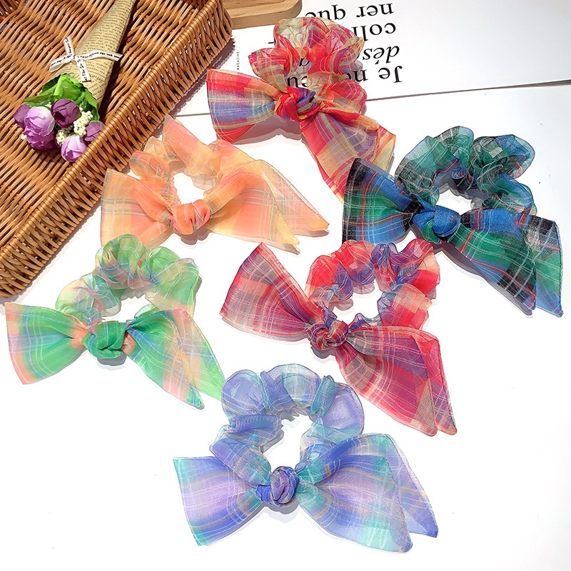 Women's Summer Organza Bowknot Hair Tie Scrunchie Rainbow Plaid