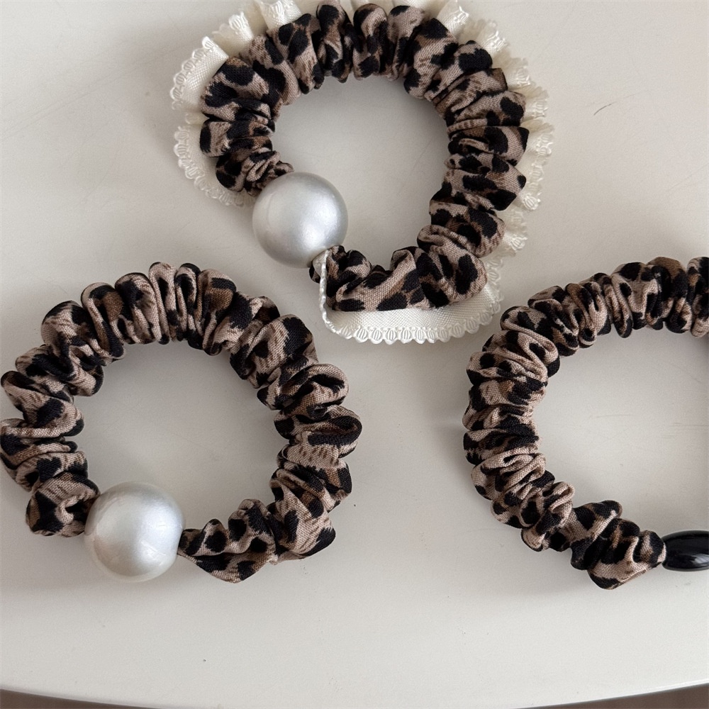 Women's Retro Leopard Print Hair Ties Vintage Pearl Elastic Hair Bands