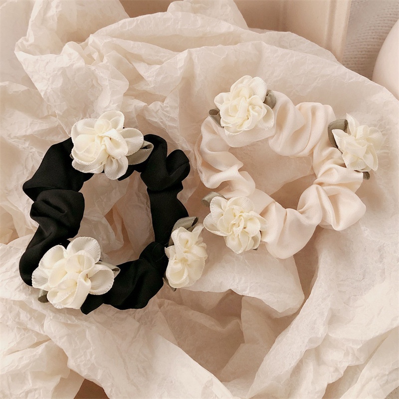 Women's Spring Fairy Satin Elastic Hair Tie Beige Black Jasmine Flower