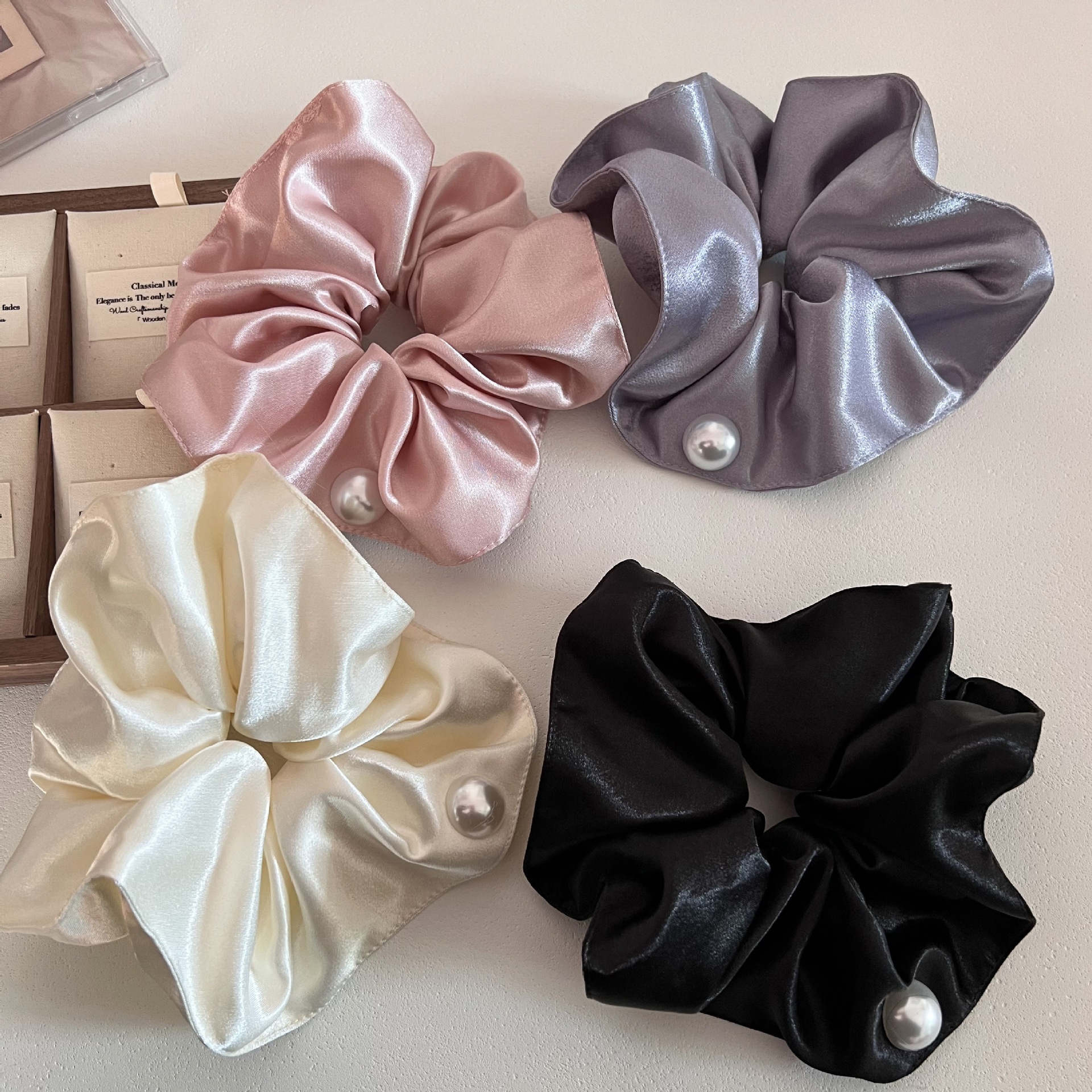 Women Elegant Satin Pearl Double Layer Hair Ties Scrunchies Solid Color