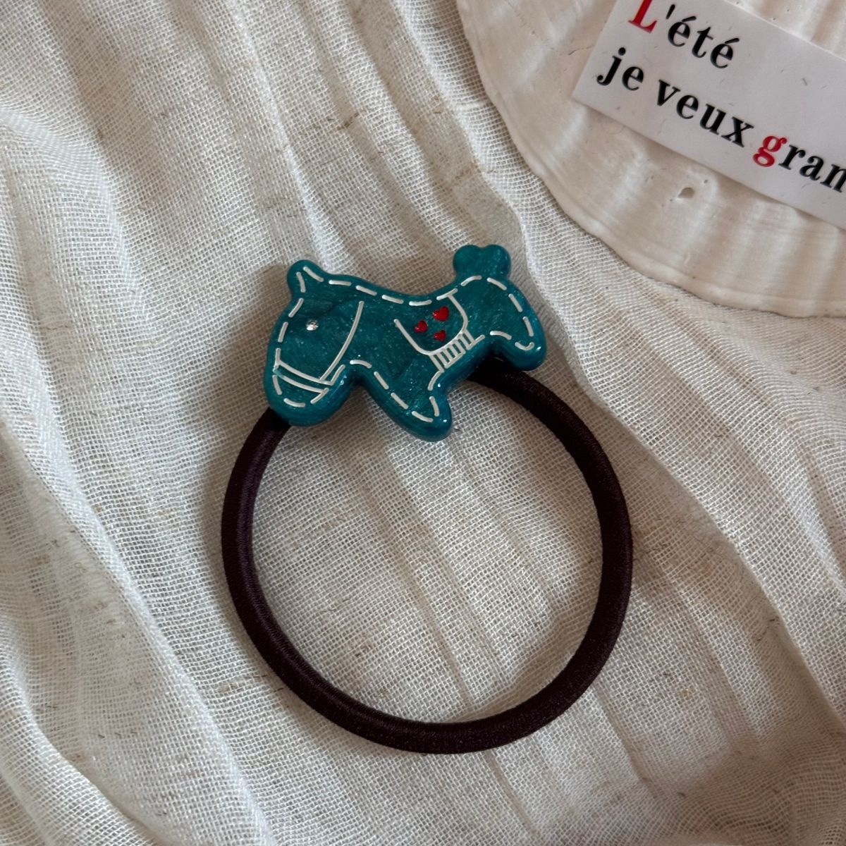 Ladies High Elastic Acetate Hair Tie Navy Coffee Floral Dog Pattern