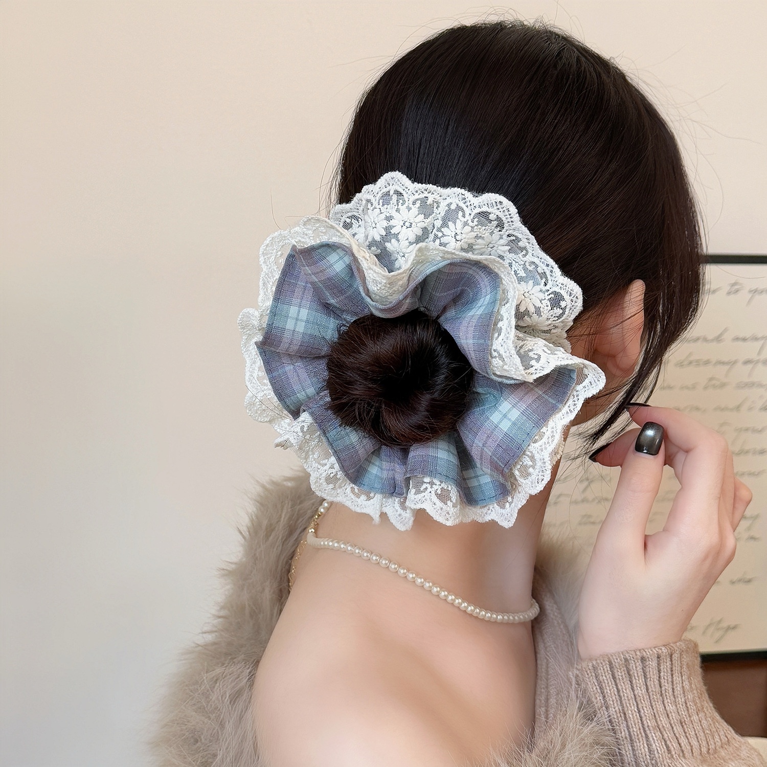 Women's Sweet Spring Casual Lace Hair Tie Accessory Coffee Plaid