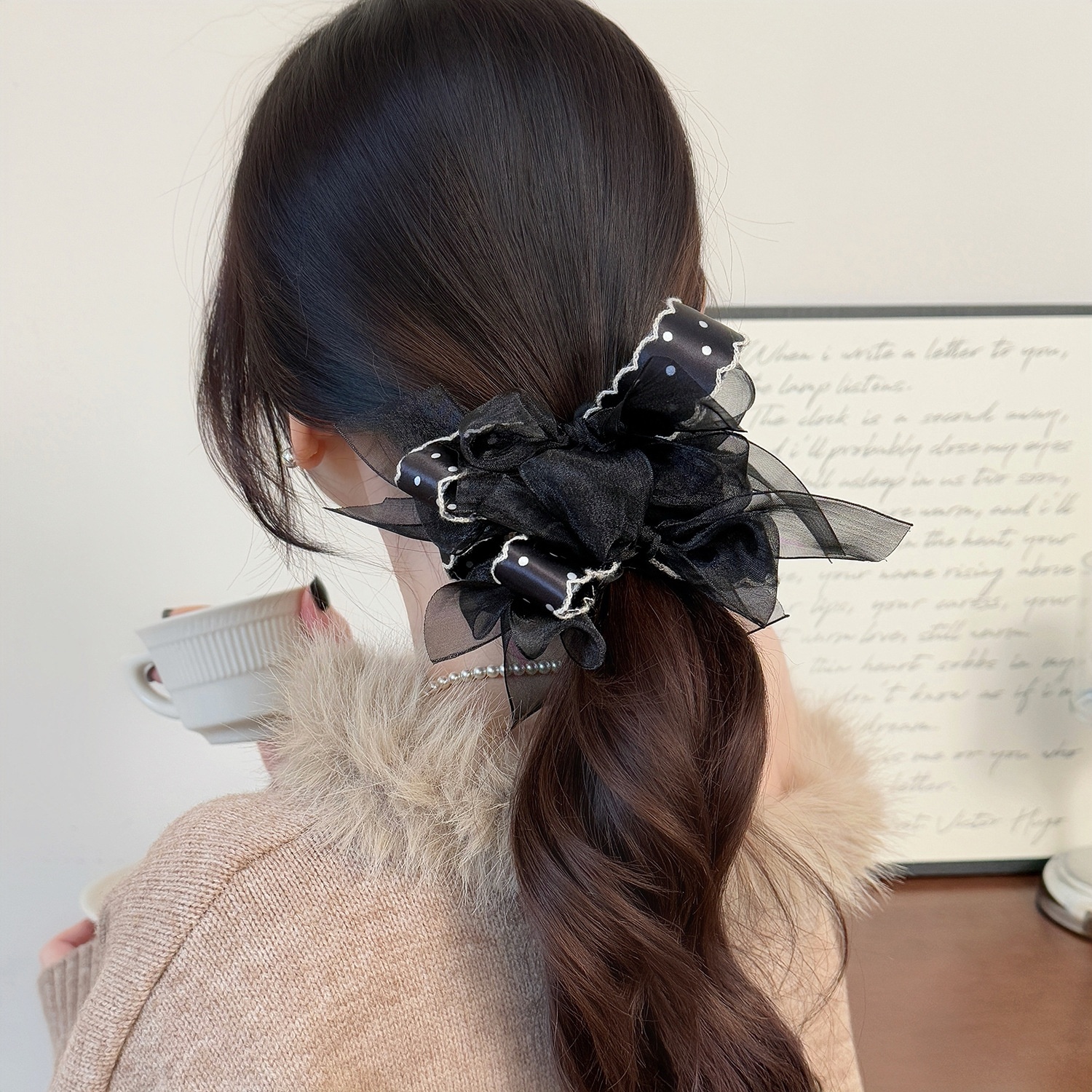 Women's Valentine Cloth Ribbon Bow Lazy Hair Tie Polka Dot Black Purple