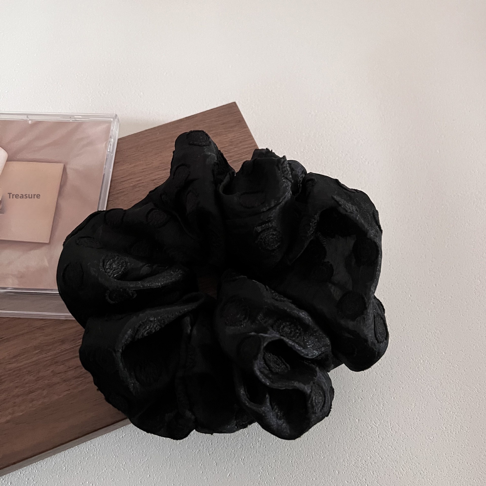 Women Summer Gauze Low Tail Hair Tie White Black Embroidered Polka Dot