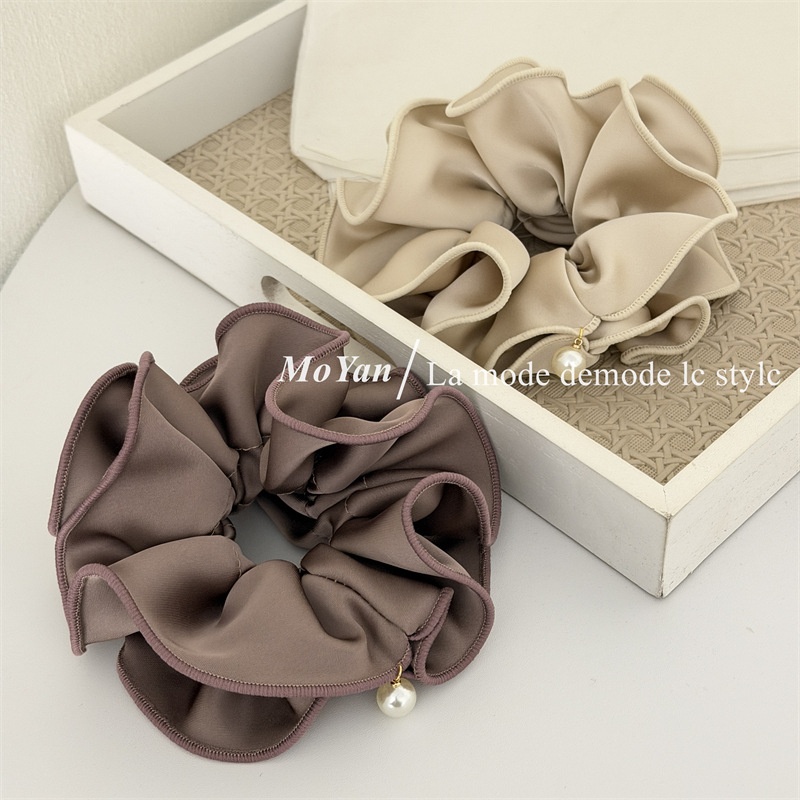 Women's Elegant Double-Layer Satin Flower Bow Hair Tie with Pearl Hanging Detail