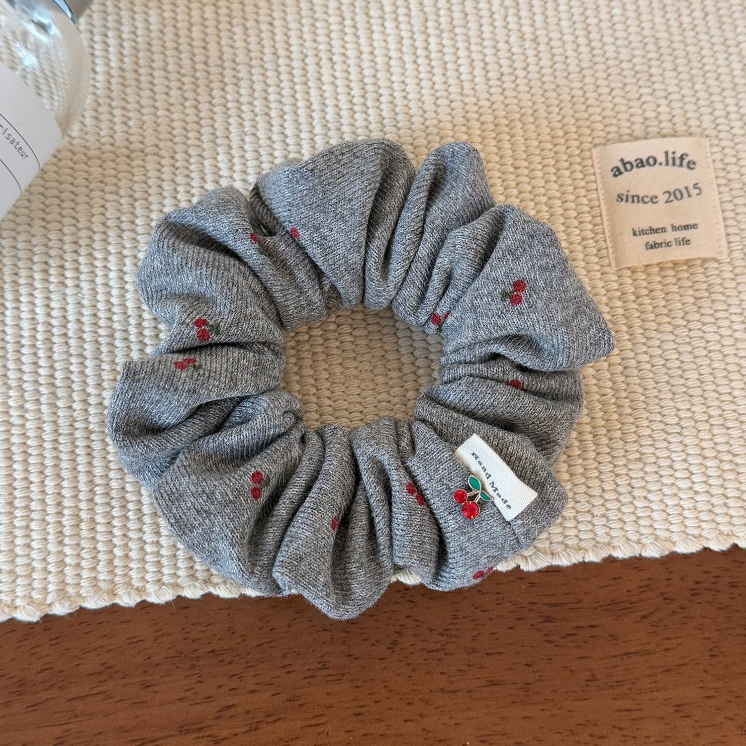 Women's Autumn Winter Cloth Bun Hair Ties Simple Gray Cherry Print