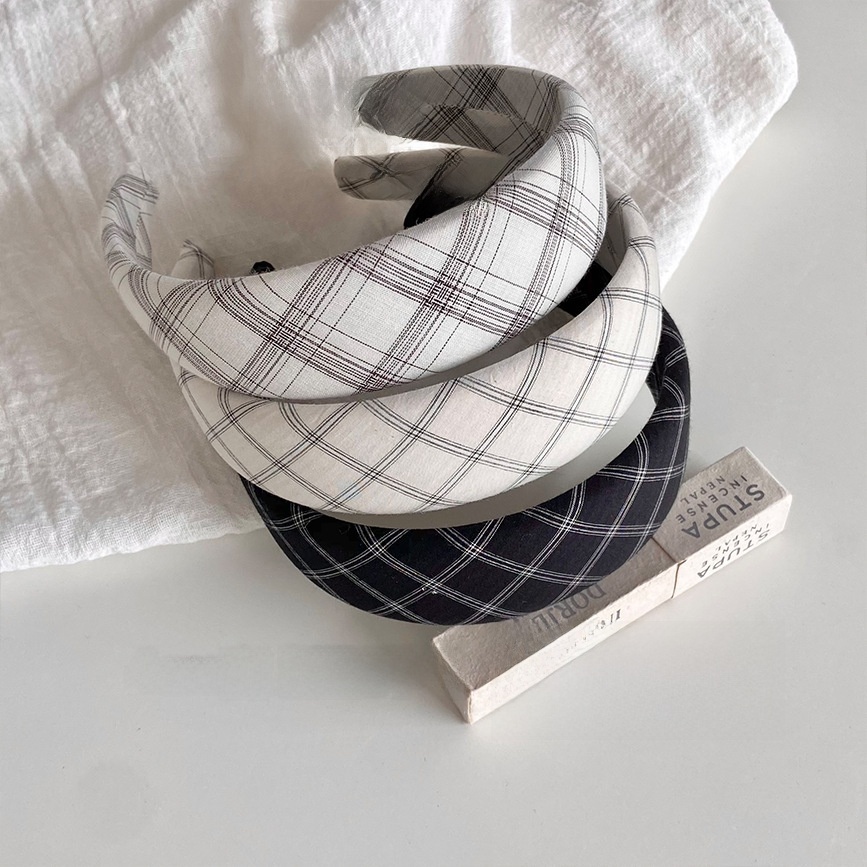 Women's Spring Casual Cloth Hair Band Tie Black And White Plaid