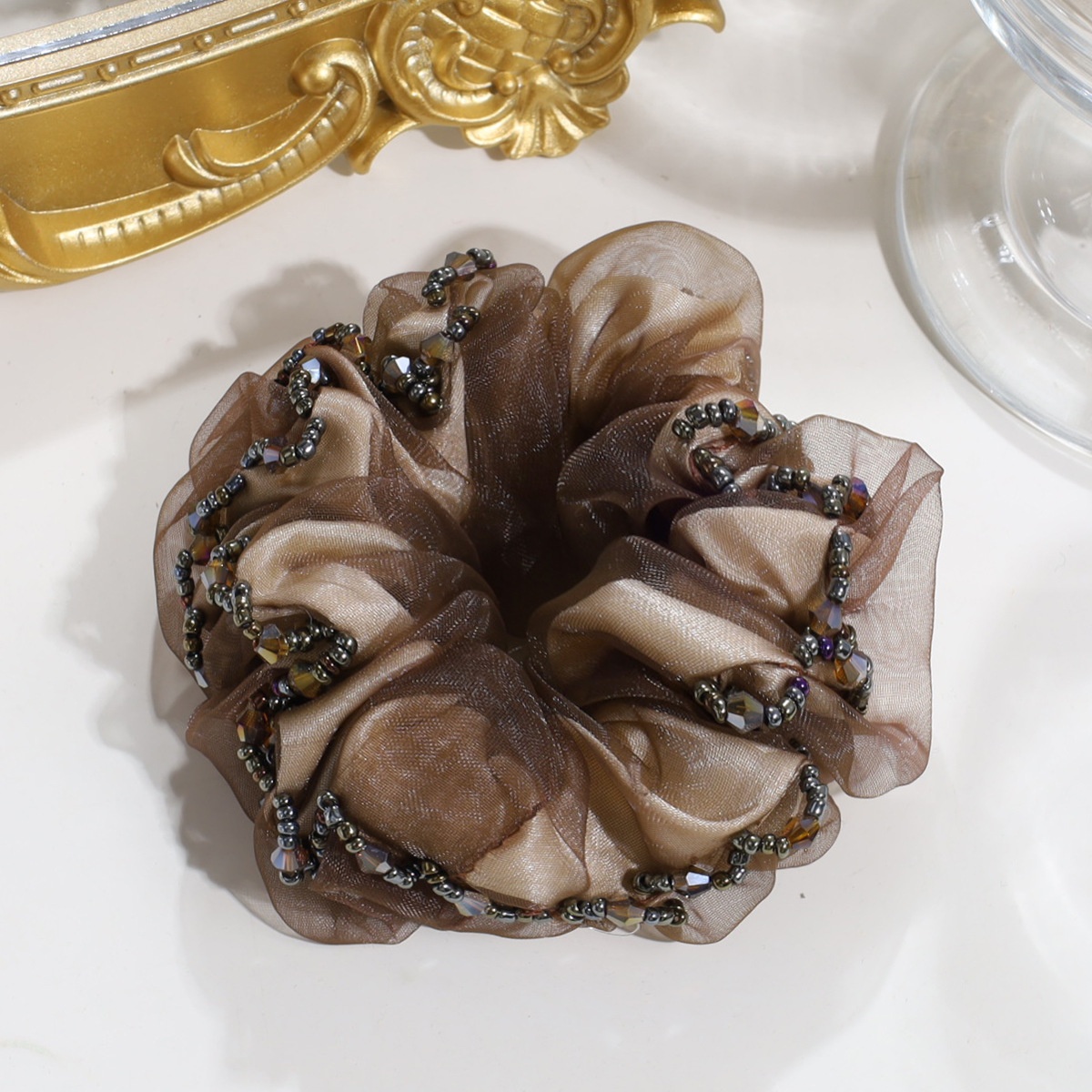 Women's Elegant Organza Hair Tie With Pearl Rhinestone Flower Tassel