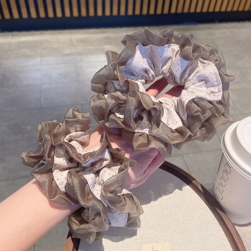 Women's Spring Tulle Scrunchie Ponytail Holder Beige Polka Dots