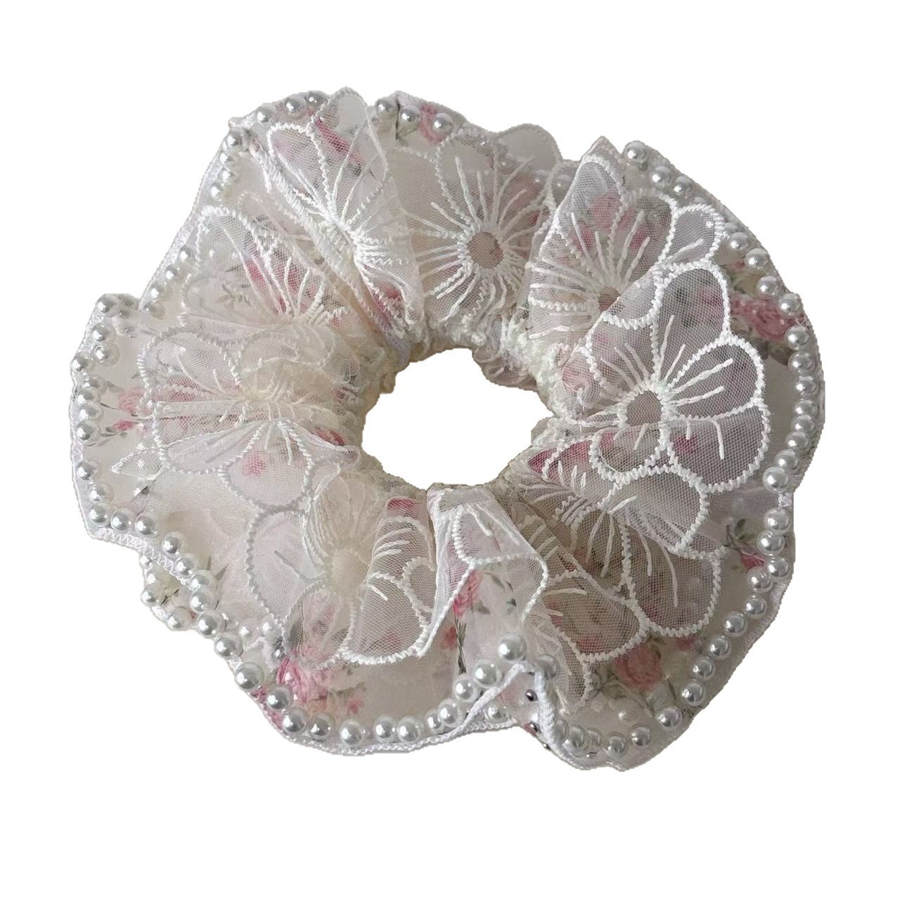 Women's Pearl Scrunchie Ponytail Tie Ditsy Floral Embroidered Lace