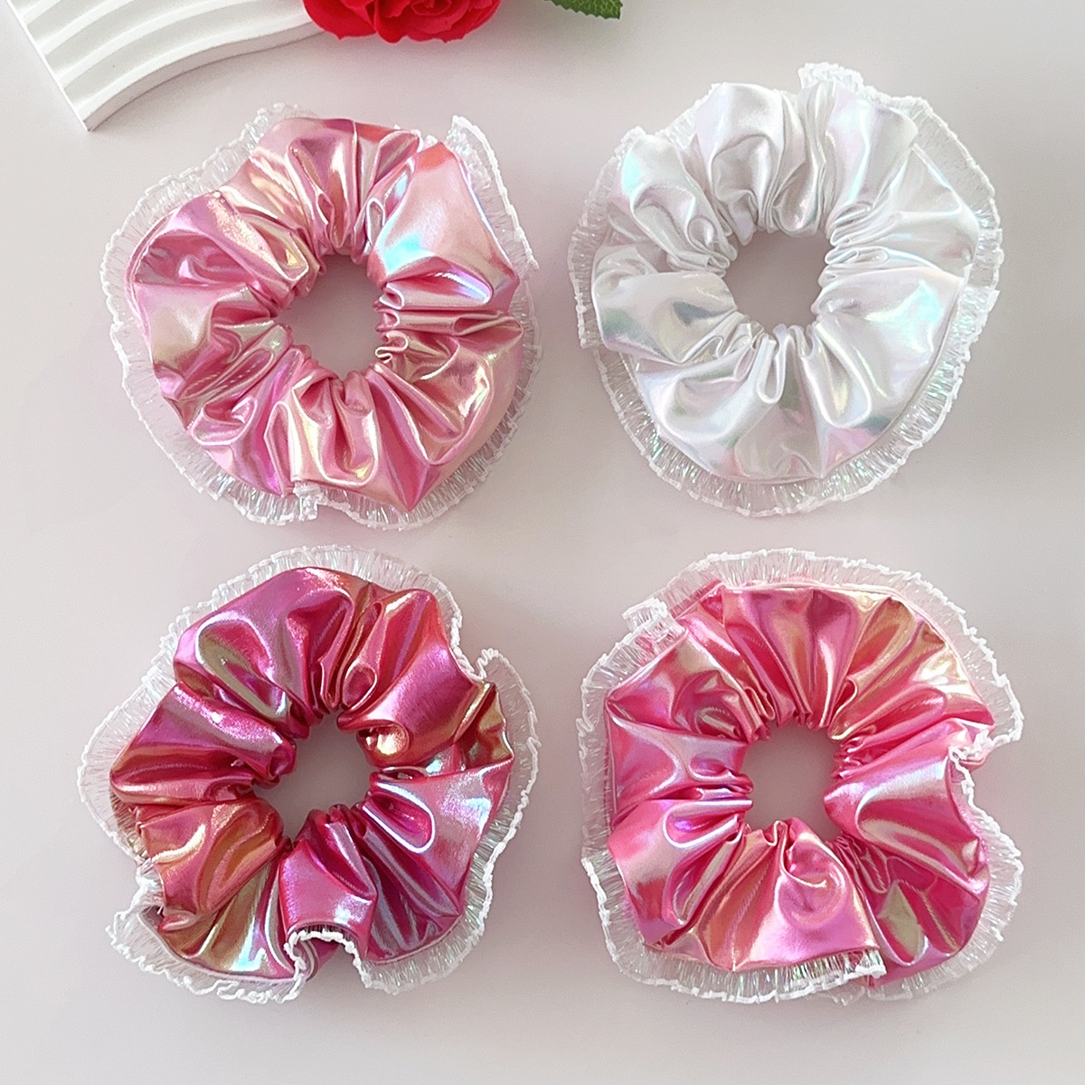 Women Festive Large PU Leather Hair Tie Laser Cut Lace Pink Rose Gold