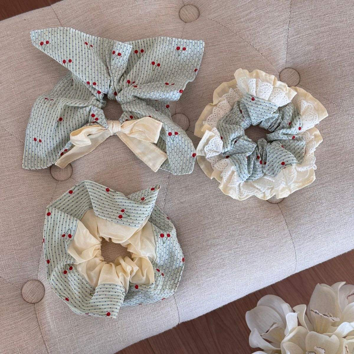 Women's Spring Soft Cloth Hair Tie Scrunchie Pink Sweet Cherry