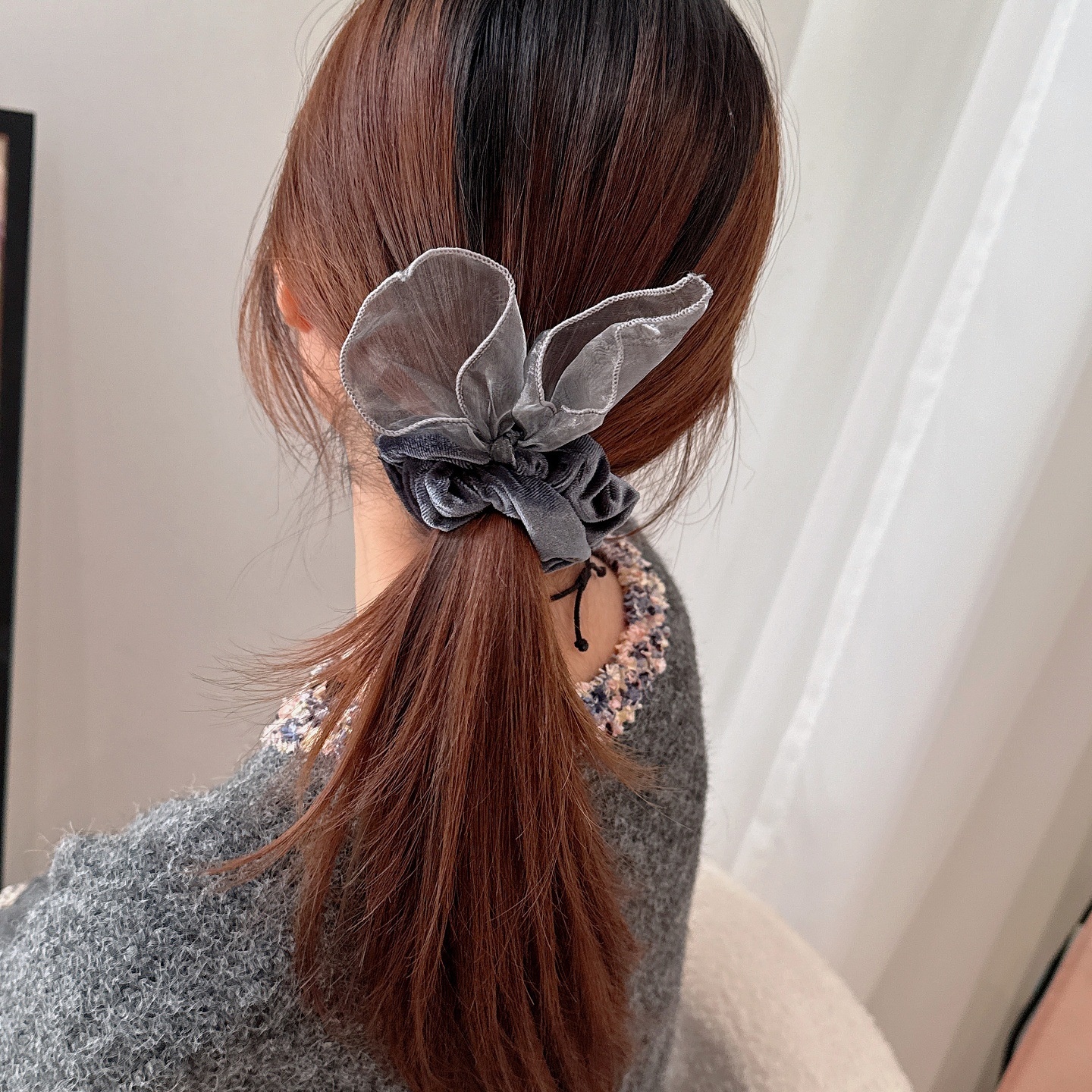 Women's Retro Velvet Mesh Rabbit Ear Bow Hair Tie Bun Fixing Khaki Coffee