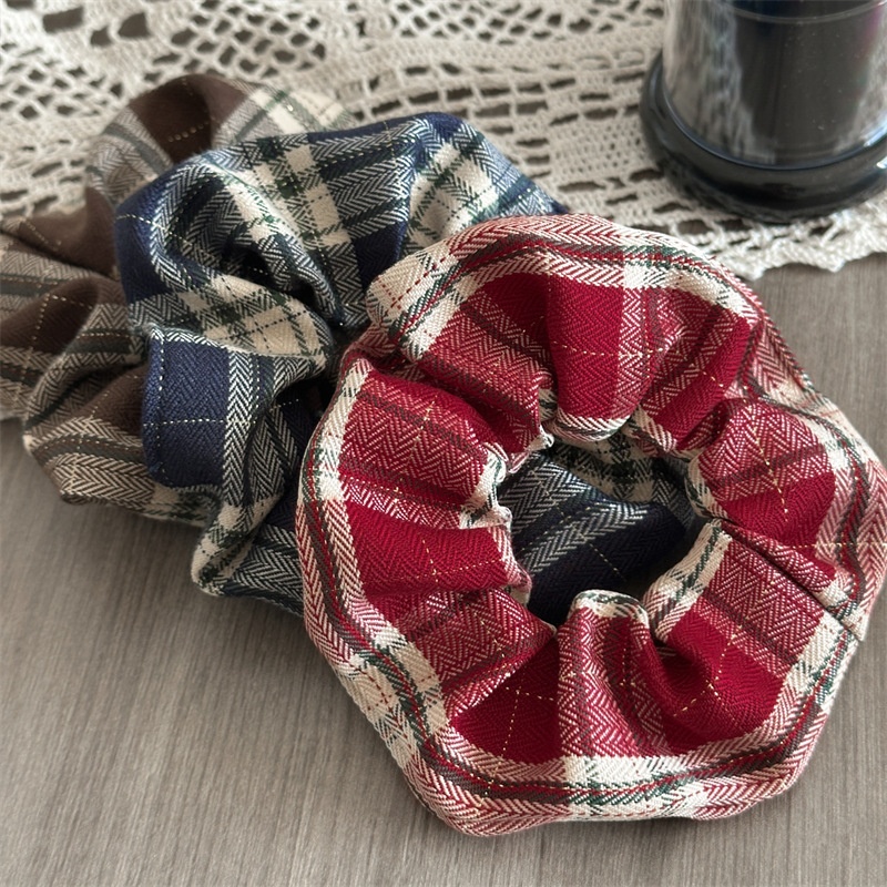 Women's High Elasticity Bun Hair Tie Festive Red Plaid Fabric Hairband