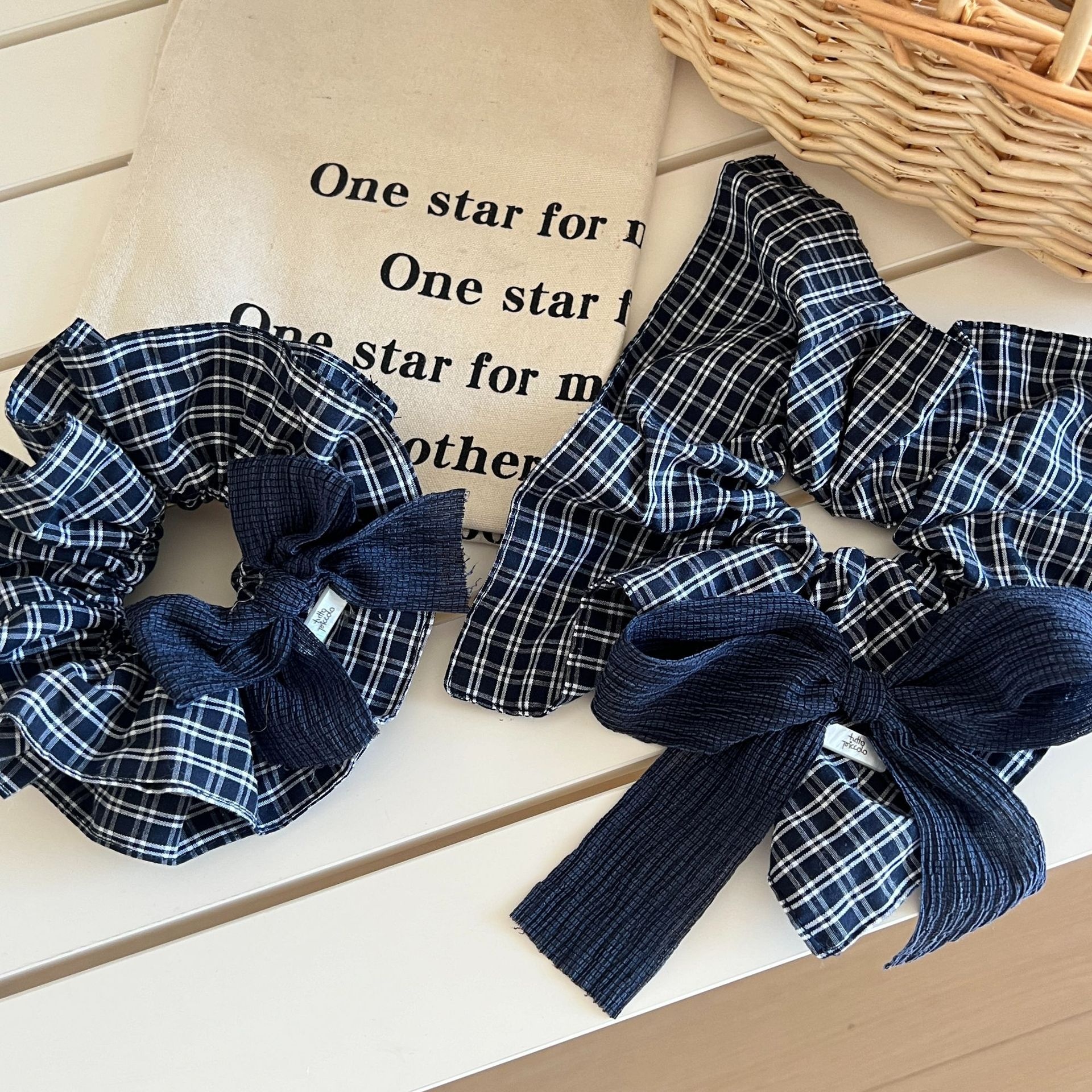 Women's Elegant Bowknot Scarf Scrunchie Hair Tie Retro Blue Denim Plaid