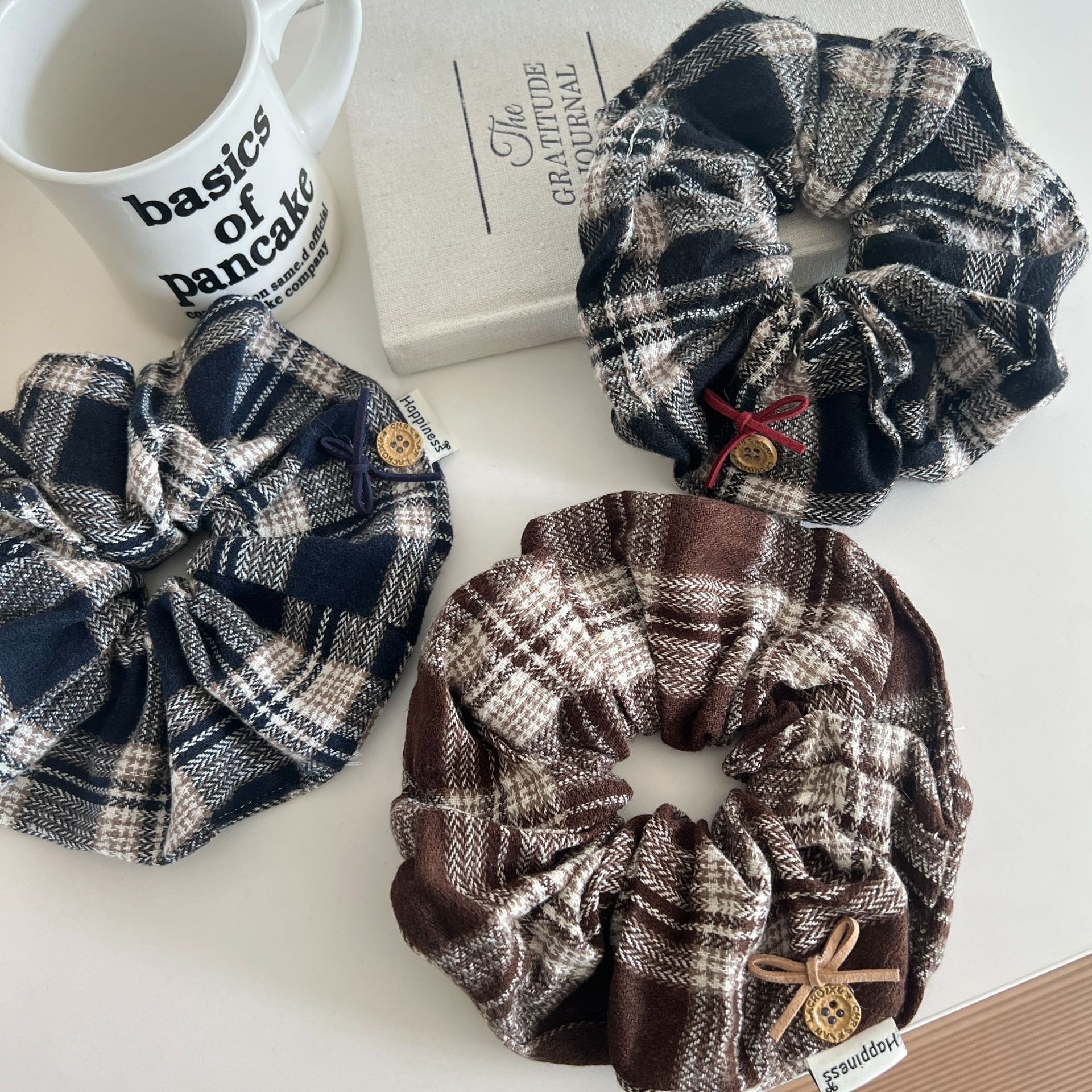 Women's French Retro Plaid Cloth Hair Tie in Black, Winter Hair Accessory