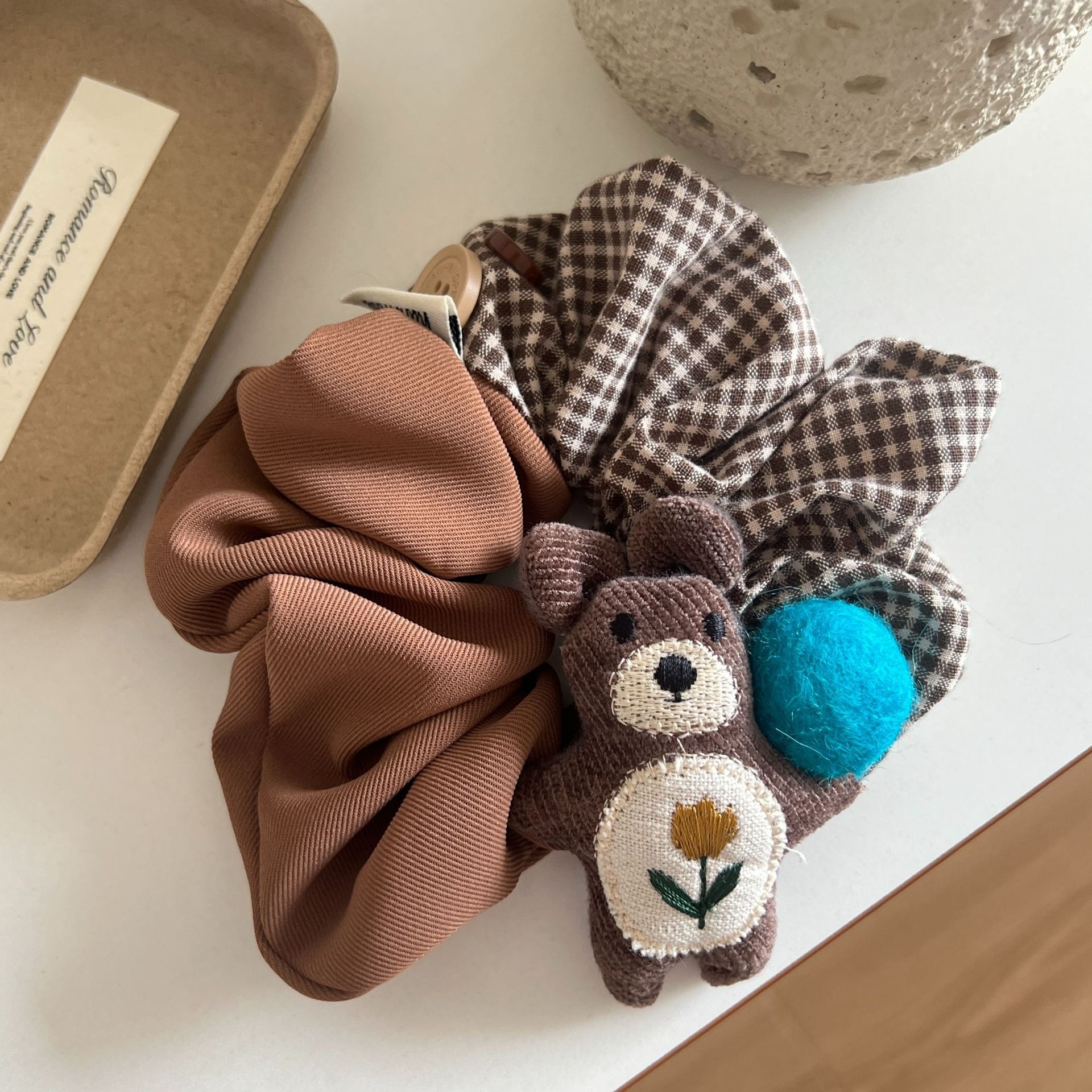 Women's Elegant Plaid Cloth Hair Ties Cute Bear Low Bun Hair Ropes