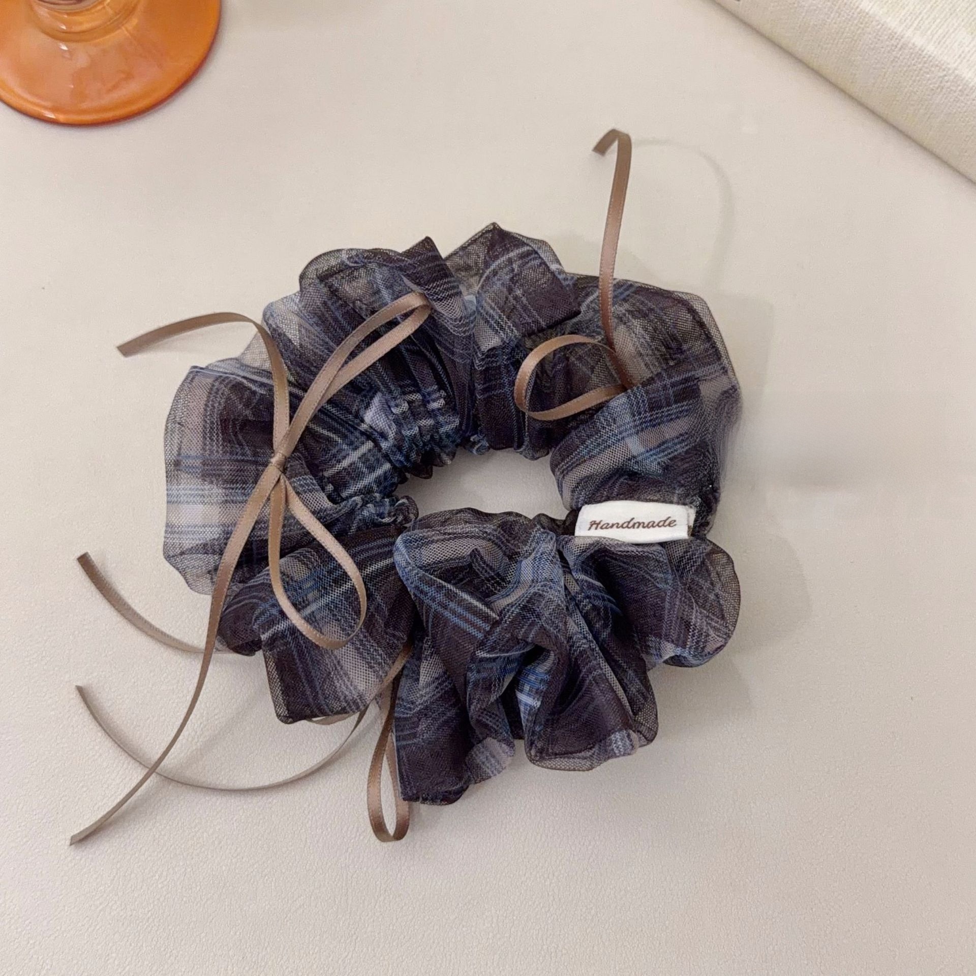 Women's Preppy Organza Bowknot Scrunchie Coffee Plaid Hair Tie