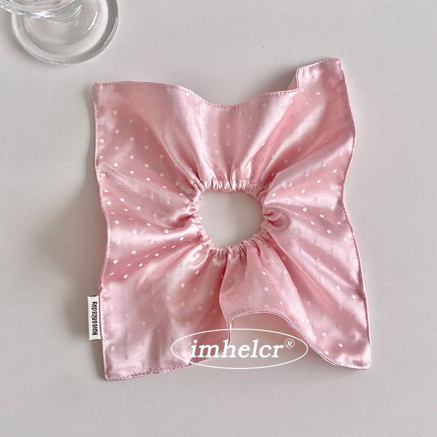 Women's Spring Summer Satin Scrunchie Hair Tie Beige Polka Dots