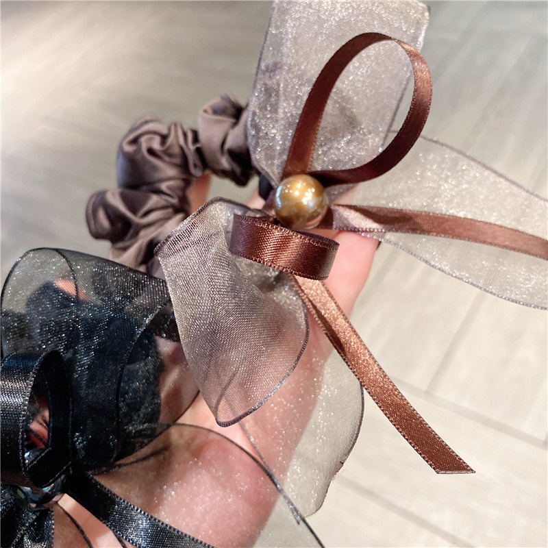 Women's Pearl Gauze Bow Hair Tie Elegant Low Ponytail Elastic Band Black Brown