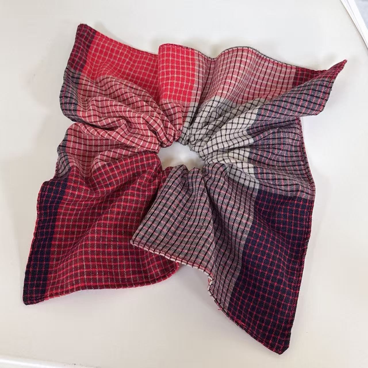 Women's Fabric Scarf Ponytail Hair Tie Artistic Red Purple Plaid