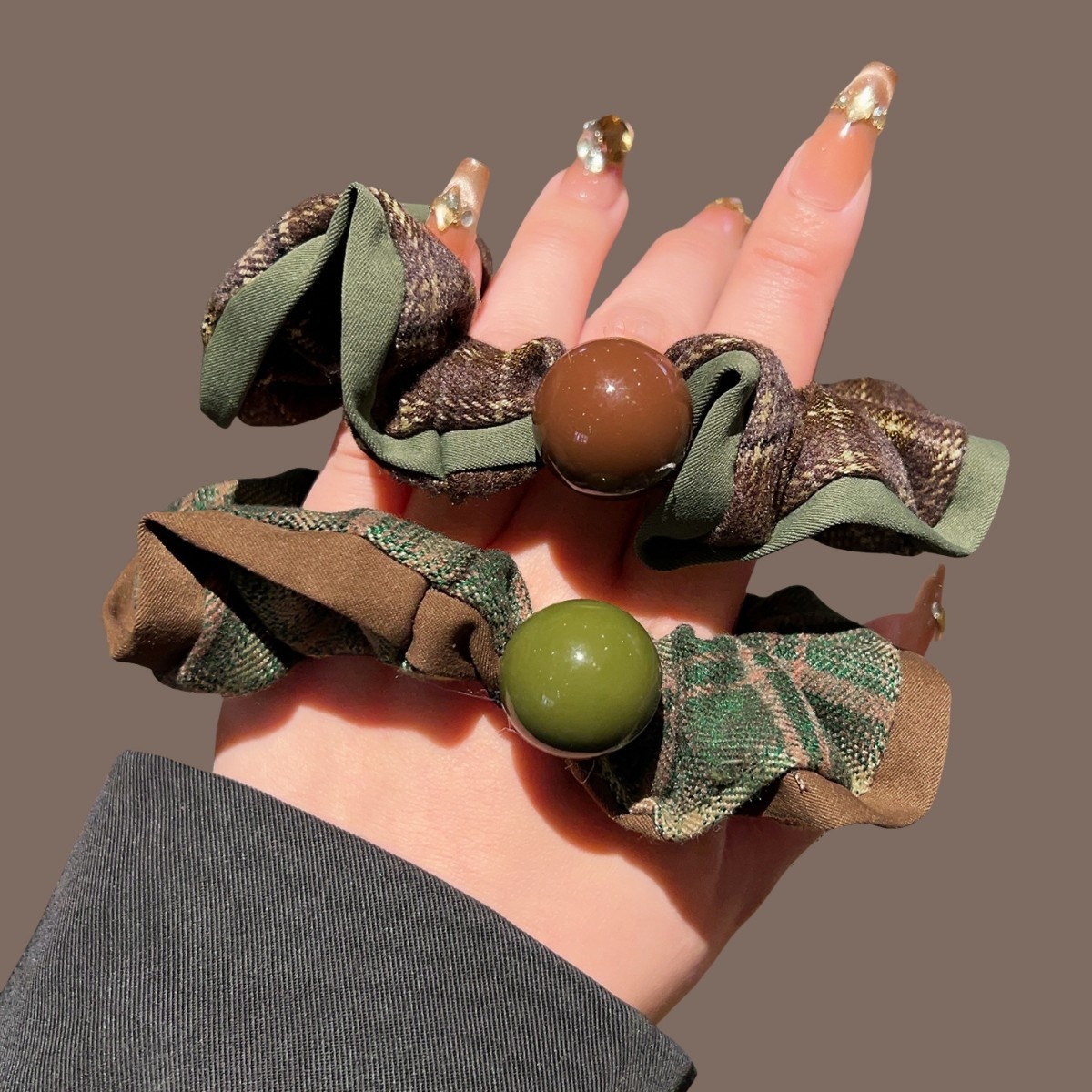 Women's Cloth High Ponytail Hair Tie Headband Vintage Green Plaid