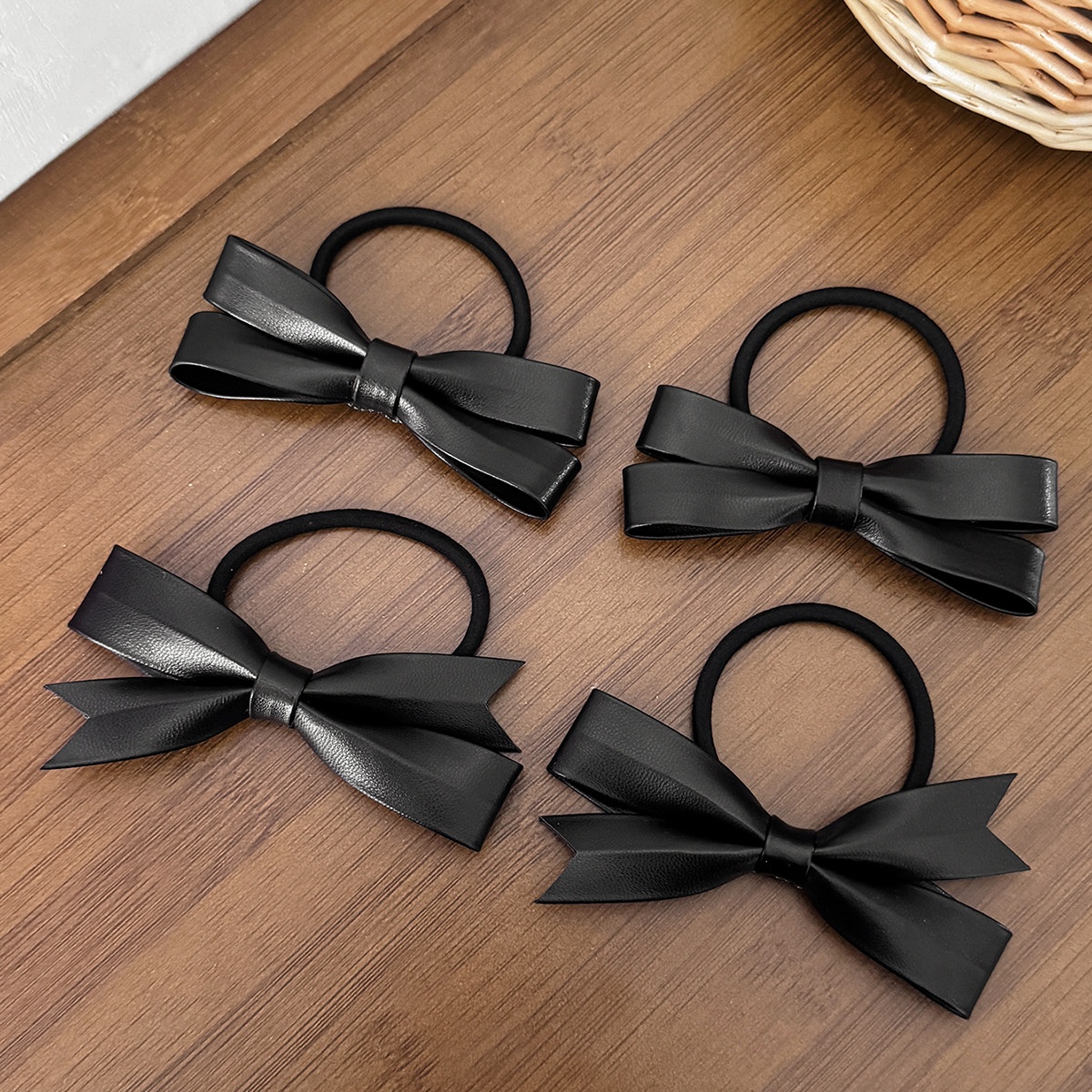 Women's High-End Leather Bowknot Hair Ties For Bun Solid Black